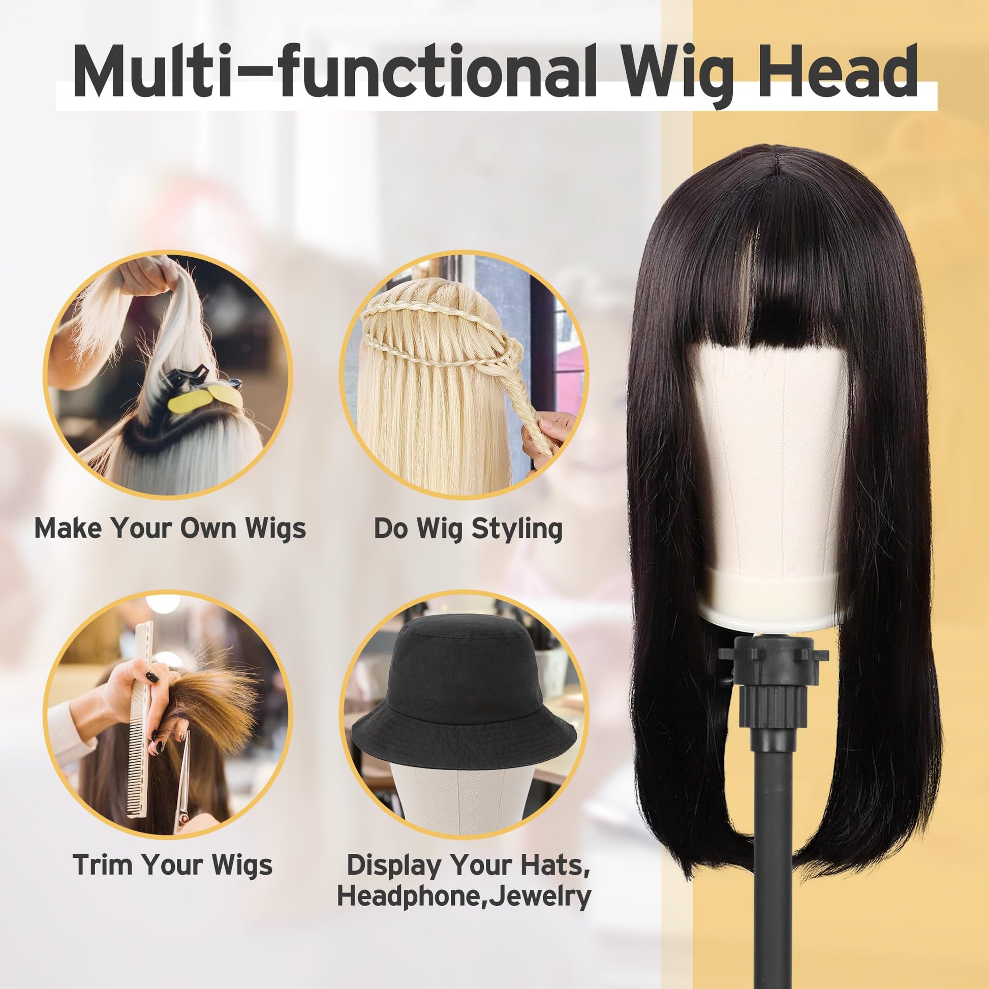 Lavender Klvied Wig Mannequin Stand for Desktop, Dual-use 22 Inch Canvas Wig Head Display, Adjustable Clamp Wig Holder, Manikin Head Stand Set for Cosmetology Hairdressing Training with Carrying Case