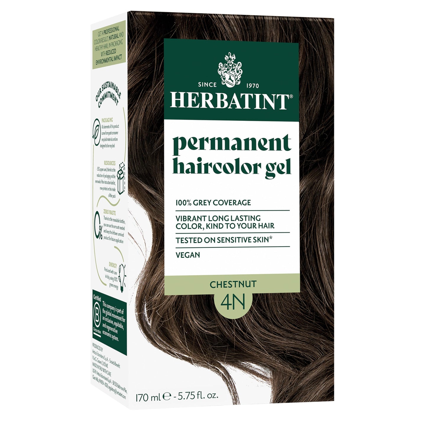 White Smoke Herbatint Permanent Hair Dye For Women - 4N Chestnut - For Up To 100% Gray Coverage of Resistant Gray Hair - Ammonia-Free, Alcohol-Free & Vegan - Salon Influenced Hair color 5.75 fl oz