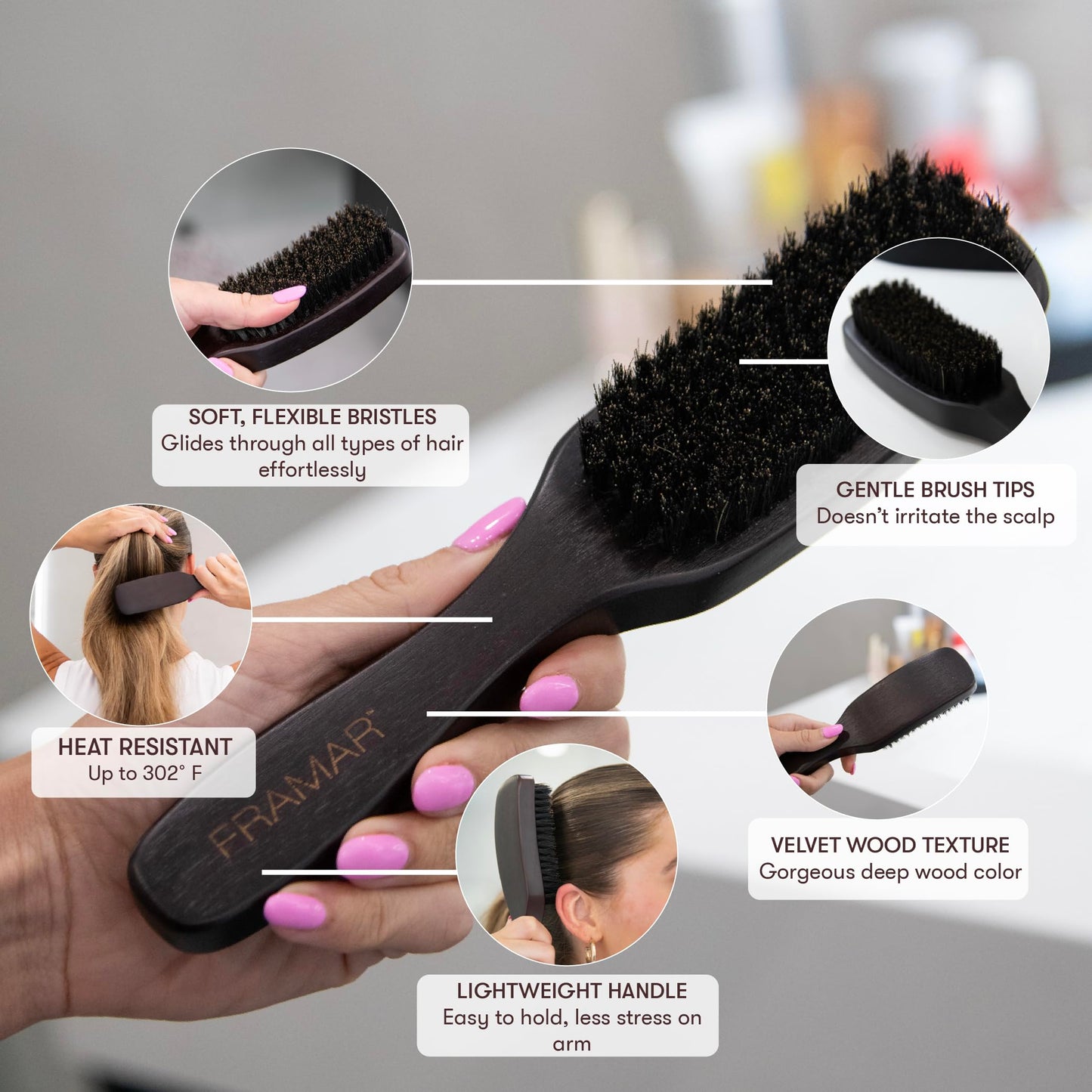 Dark Gray FRAMAR Slick Back Hair Brush Boar Bristles – Slick Back Brush, Smoothing Hair Brush For Women, Boar Bristle Hair Brush For Fine Hair, Slickback Brush For Volume and Shine - Brown Velvet