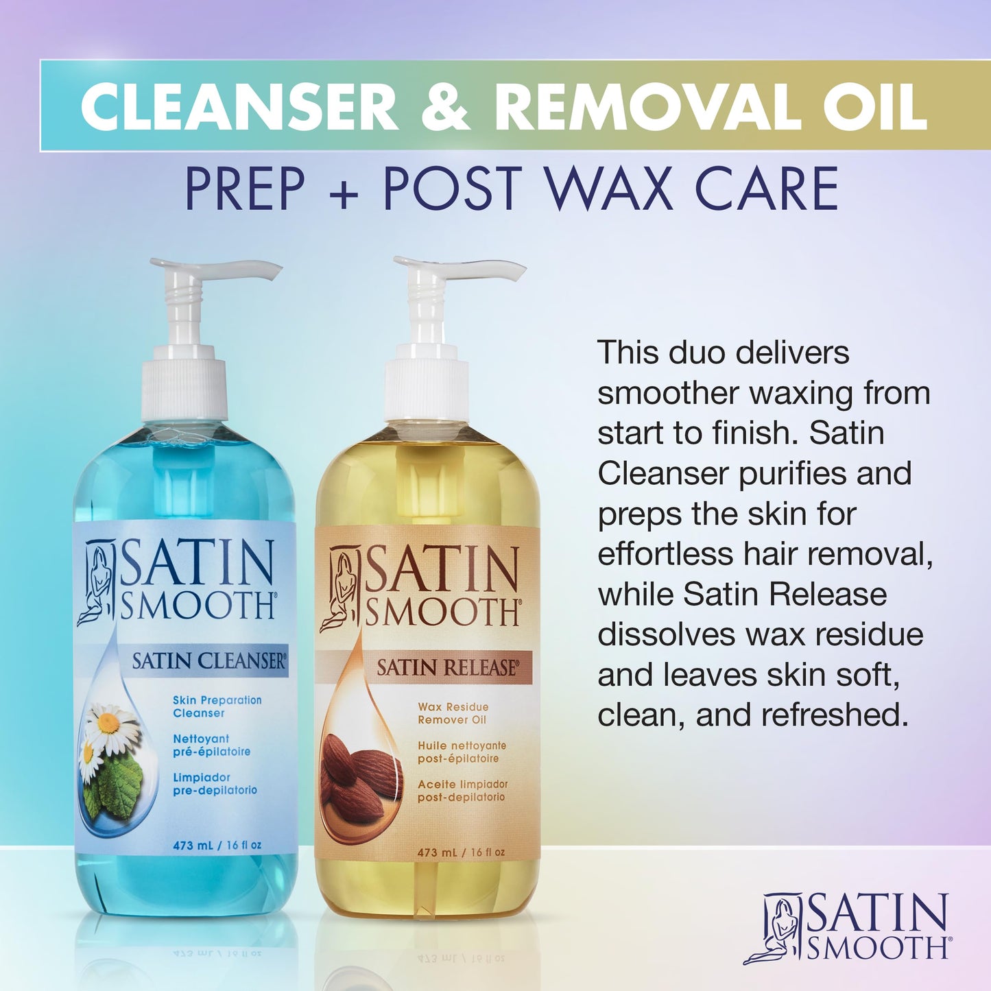 Lavender Satin Smooth Post Wax Oil, Wax Residue Remover + Satin Smooth Pre-Wax Cleanser, Skin Waxing Prep & Afterwax Care Duo, 16 fl oz