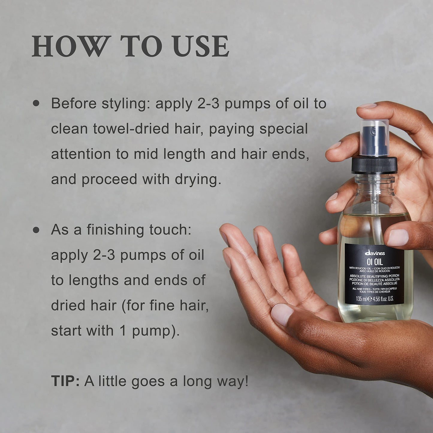 Dark Gray Davines OI Oil | Weightless Hair Oil Perfect for Dry Hair, Coarse & Curly Hair Types | Anti-Frizz for Soft, Shiny Hair | 4.56 Fl Oz (Pack of 1)