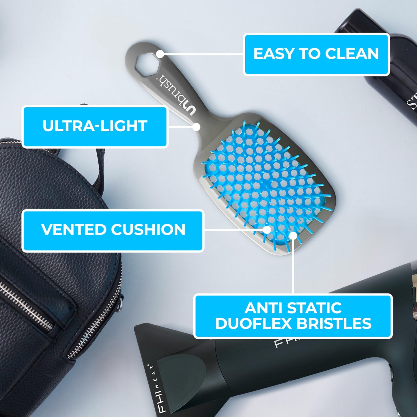 Light Gray FHI Heat UNbrush Detangling Brush for Pain-Free Brushing on All Wet or Dry Hair Types — Durable DuoFlex Anti-Static Bristles, Lightweight Handle, Vented Hair Brush, Light Blue/Grey