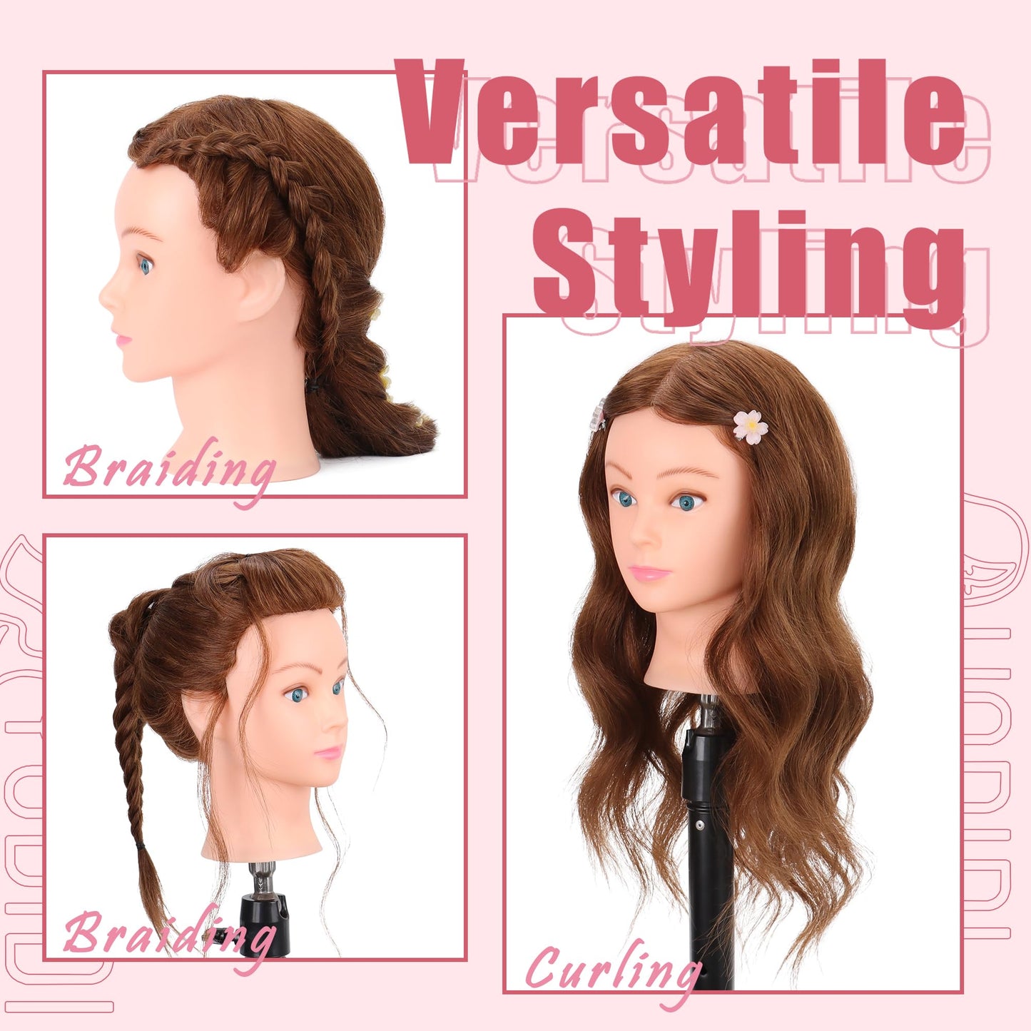 White Smoke Mannequin Head Human Hair 22"-24" Female 100% Human Hair Mannequin Head Hair Styling Cosmetology Manikin Head Doll Head for Hairdresser with Clamp Holder and Tools (dark brown)