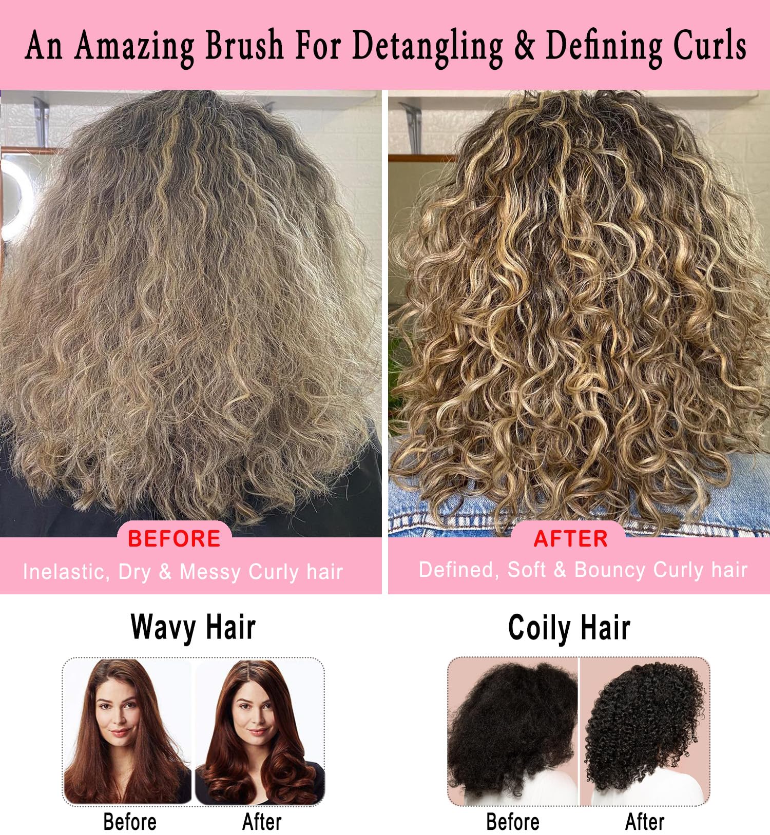 White Smoke KTKUDY 9 Row Defining Brush for Shaping and Finishing Curls - Detangling Blow-Drying Brush for Thick, Wavy or Coily Hair (Black&Pink)