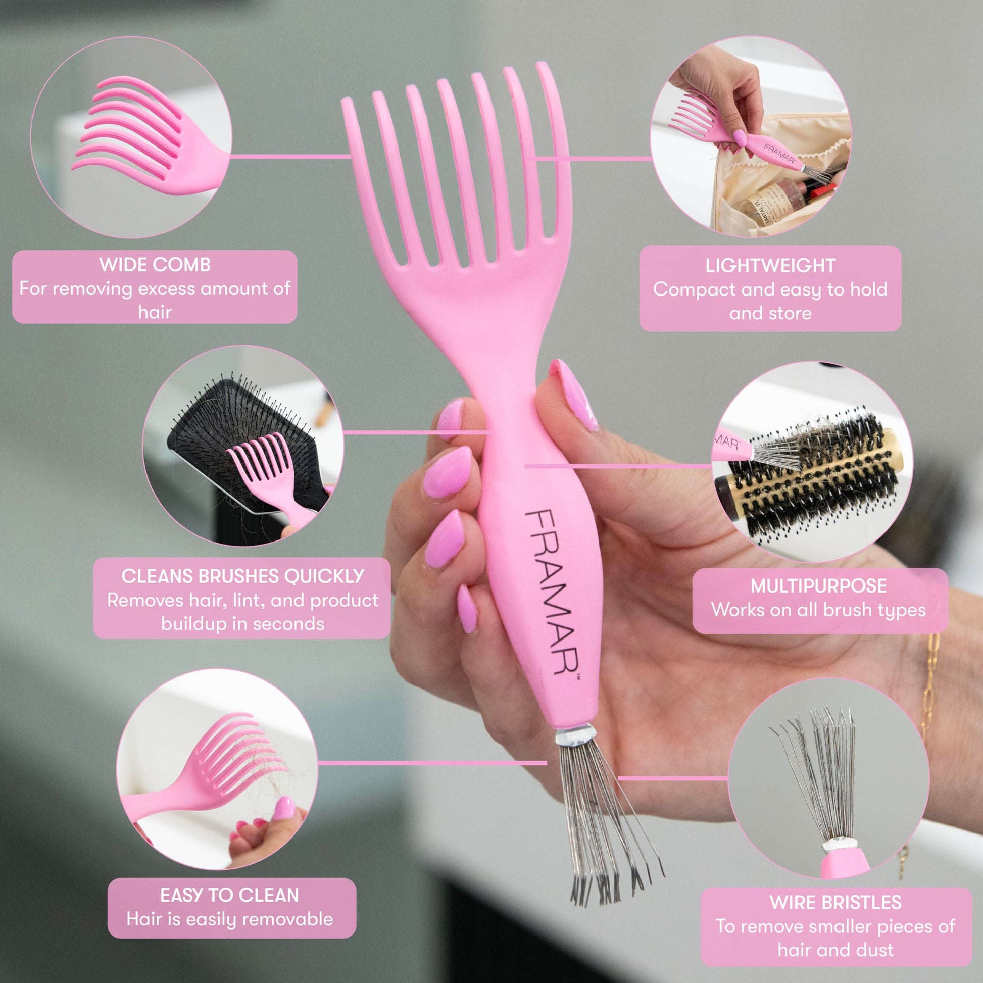 Dark Gray FRAMAR Premium Hair Brush Cleaner Tool – Hairbrush Cleaner Tool, Brush Cleaner Tool for All Types, Comb Cleaner – 2 in 1 Design Removes Hair & Build up Instantly – Pink