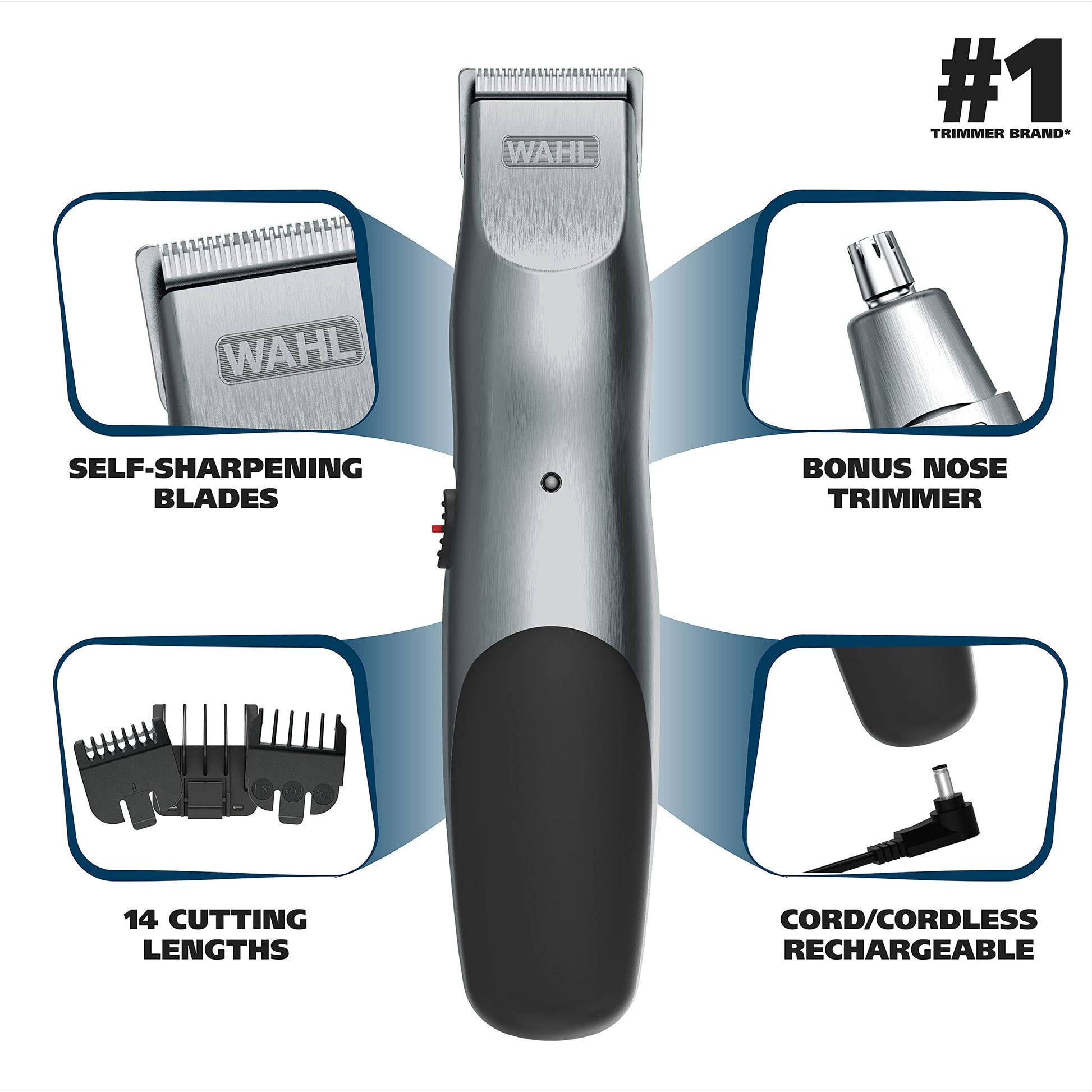 White Smoke Wahl Groomsman Cord/Cordless Hair Trimmer kit for Men for Mustaches, Hair, Nose Hair, and Light Detailing and Grooming with Bonus Wet/Dry Electric Battery Nose Trimmer – Model 5623V