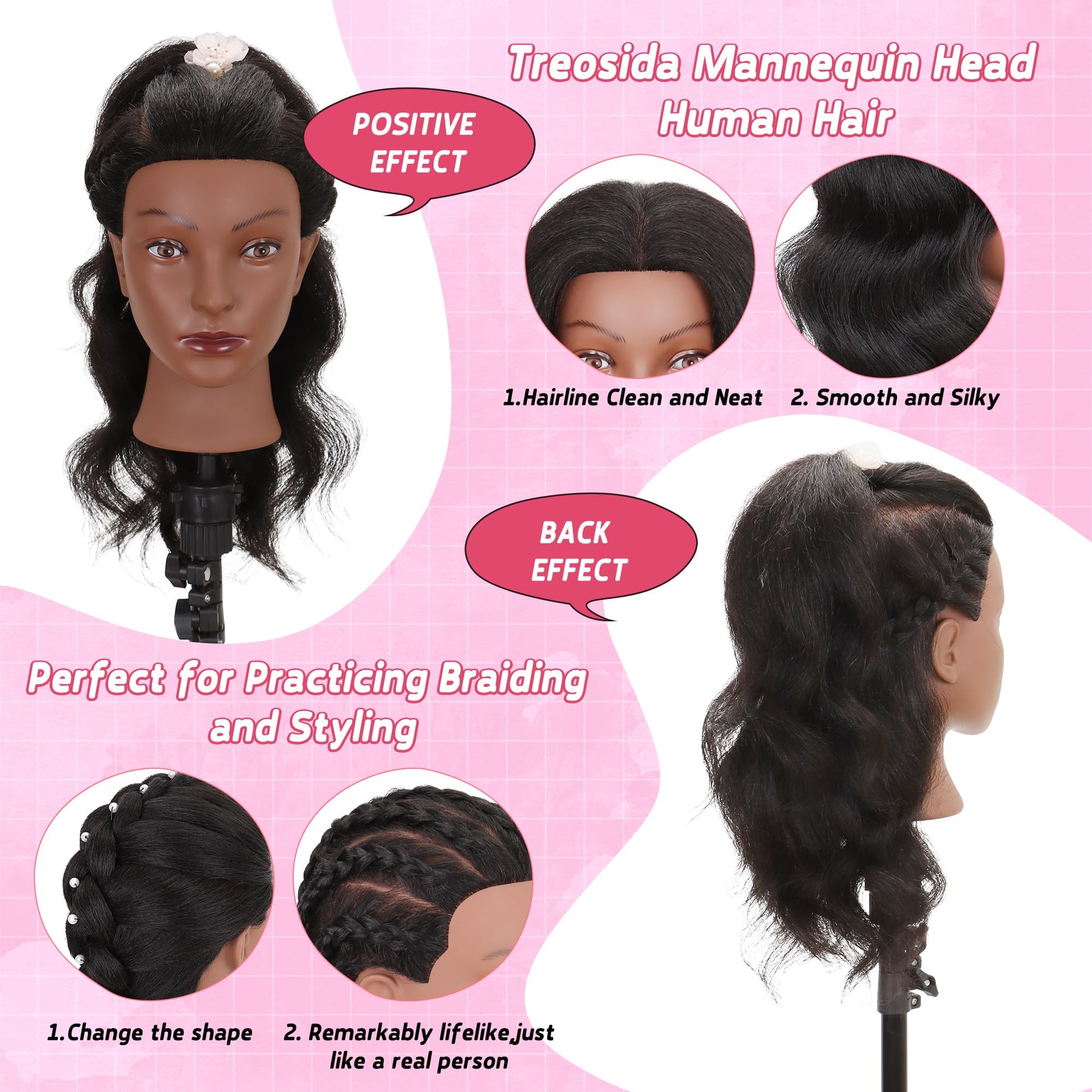 White Smoke Mannequin Head 100% Real Human Hair Training Doll Head for Braiding Styling Cosmetology Practice with Clamp Stand (18 Inch)