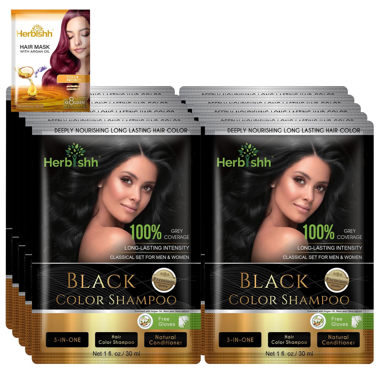 White Smoke Herbishh Natural Hair Dye Shampoo with Argan Mask - Long-Lasting Color for Gray Hair - Travel Size, 10+1 Pack, Ammonia-Free (Black)
