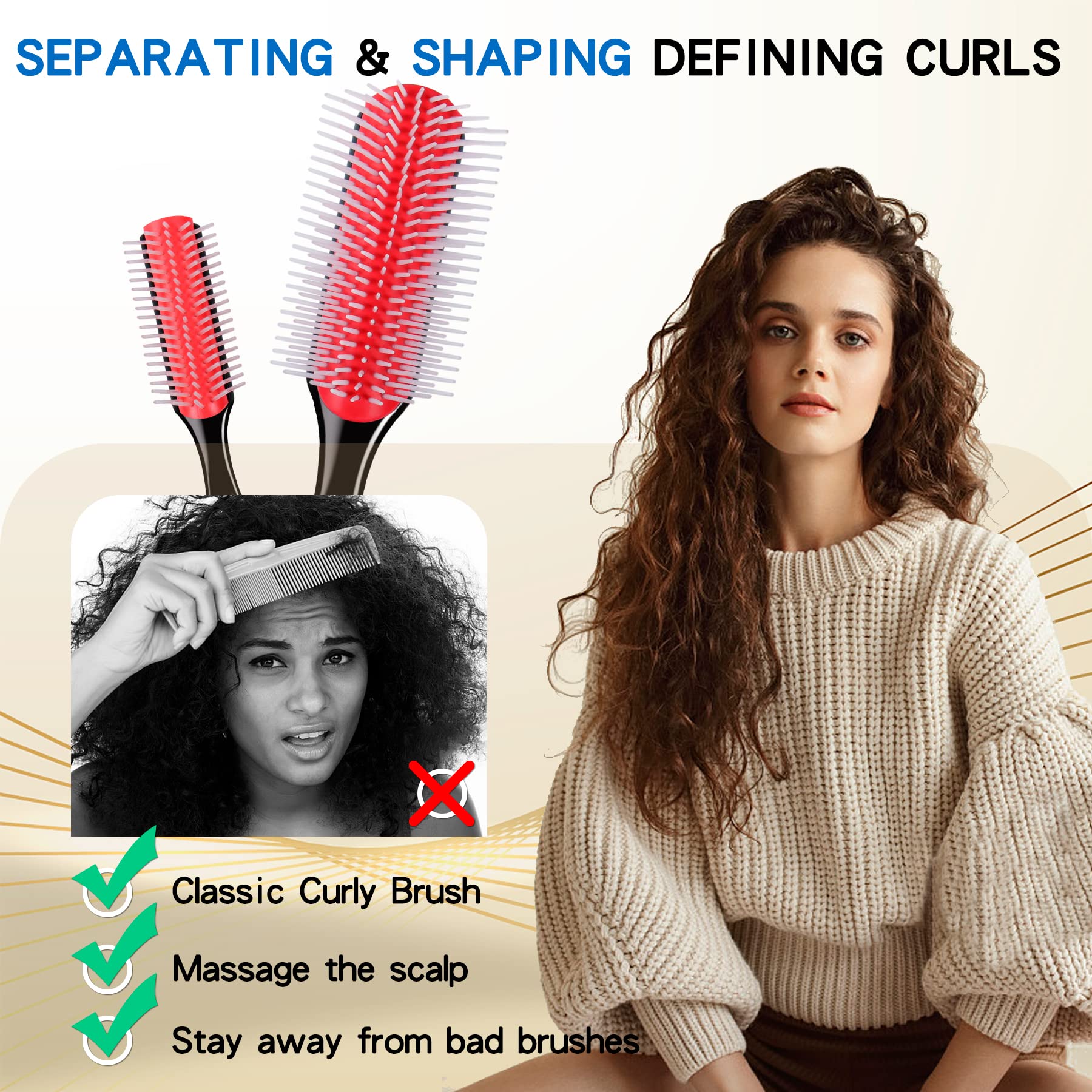 White Smoke 2 PCS Hair Brush for Women Men 7 Row 5 Row Curly Wet or Dry Hair Classic Styling Brushes for Natural Thick Hair, Blow Separating, Shaping Defining Curls Tools Travel Bristle Black Hairbrush