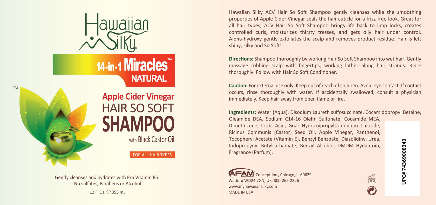 Antique White Hawaiian Silky Apple Cider Vinegar Daily Shampoo Sulfate-Free, 12 fl oz - Black Castor Oil Enriched Extract - Treat Dry and Damaged Scalp | for Men, Women & Kids 14-in-1 Miracles