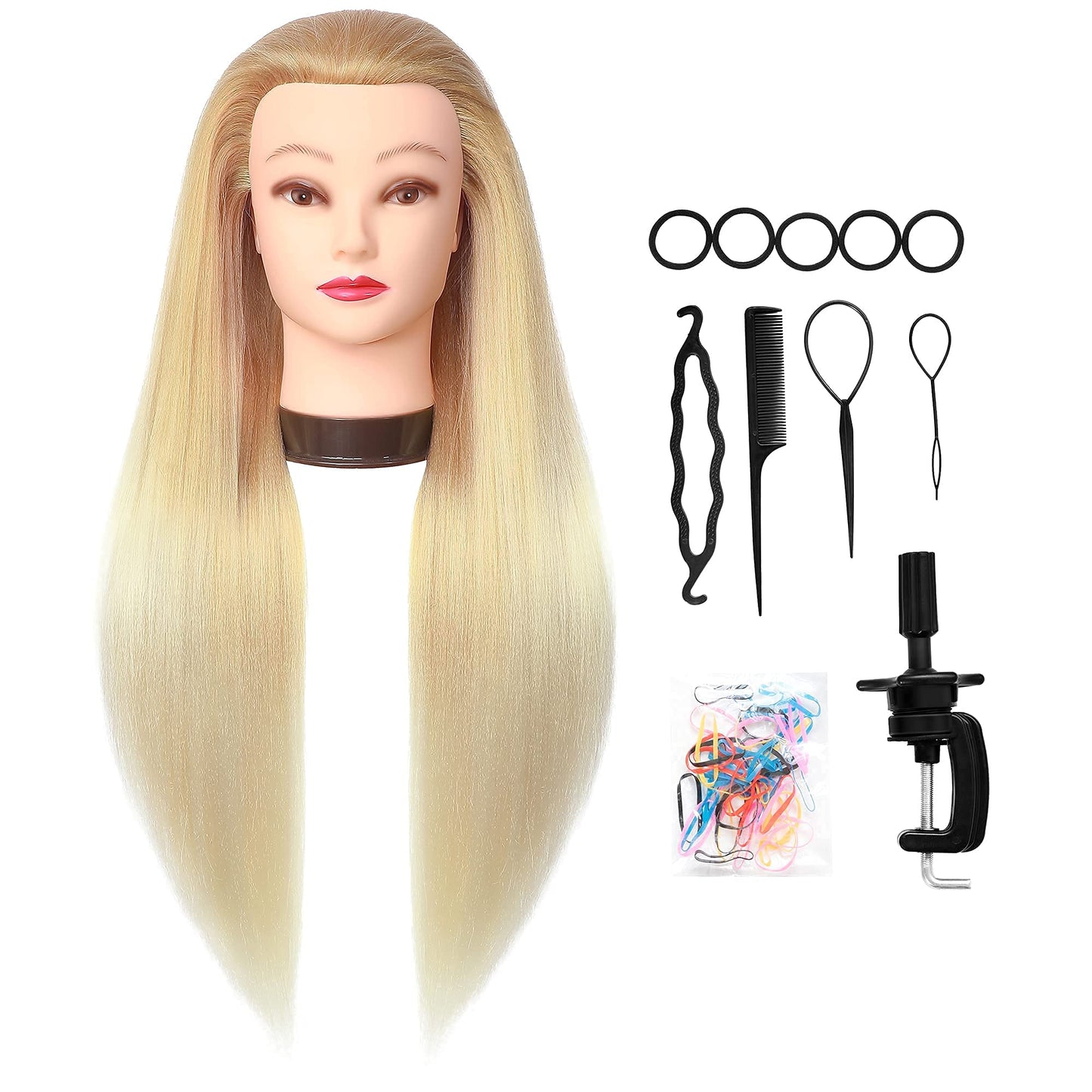 White Smoke DANSEE 28" Mannequin Head Synthetic Hair Hairdresser Training Manikin Cosmetology Doll Head Blonde with DIY Braiding Set+ Free Table Clamp(27-613)