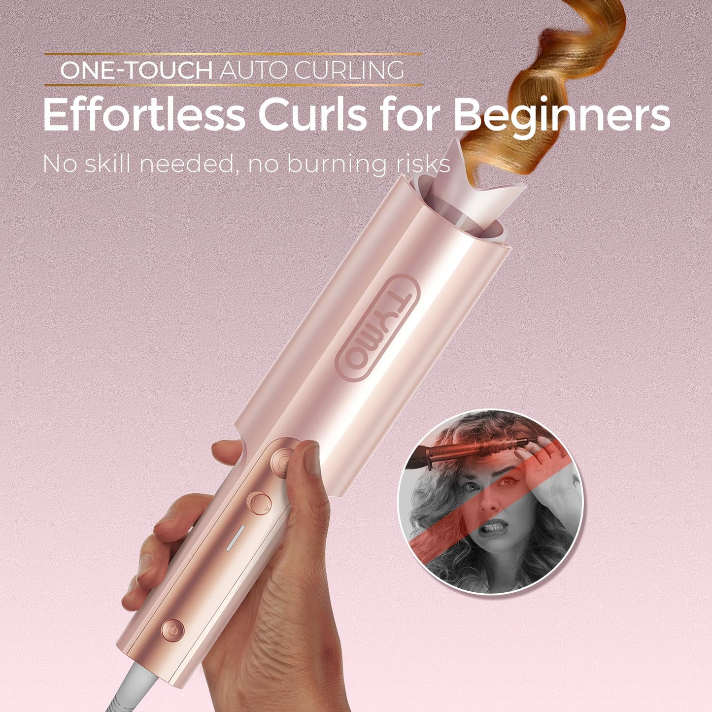 Gray TYMO CurlPro Plus Automatic Rotating Curling Iron - Upgraded Long Barrel Curling Wand for Long Hair, Ceramic Hair Curler for Women, Anti-Scald, 600M Ionic, Dual Voltage, Gold Blush, 1 1/4 Inch