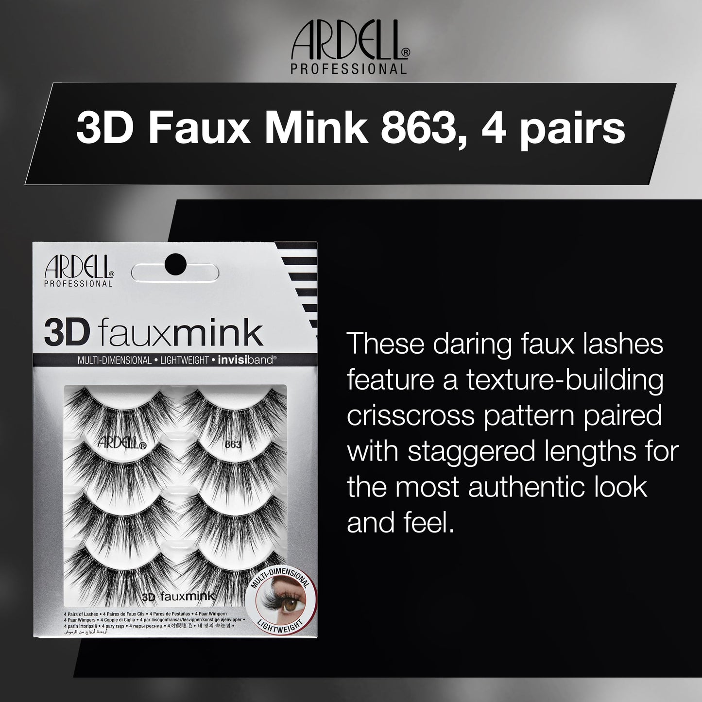 Black Ardell 3D Faux Mink Lashes 863 - Multi-Dimensional False Eyelashes Natural Look Strip Wispy Lashes, 4 Pairs