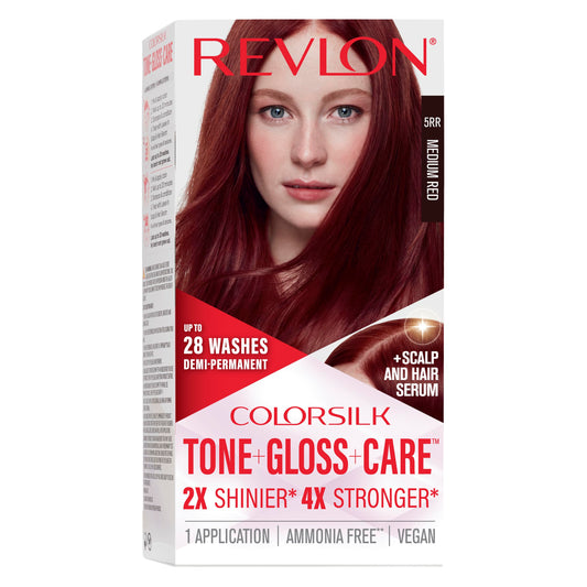 Black Revlon ColorSilk Tone + Gloss + Care Demi Permanent Hair Color, Dye Kit with Leave-In Scalp and Haircare Serum, 2x Shinier, 4x Stronger, 5RR Medium Red, 4.5 fl oz