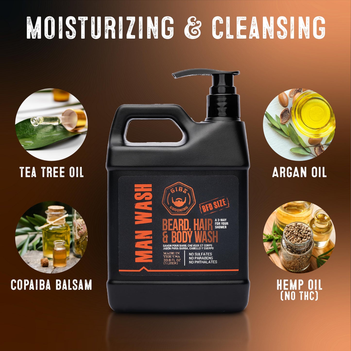 Dark Red GIBS Grooming - Original Man Wash (33.8 fl oz) 3-in-1 Beard, Hair, Body Soap - Citrus, Oak, Basil Scent - Sulfate Free - Tea Tree Oil, Hemp Oil, Protein - Mens Body Wash & Mens Shampoo - Made in USA