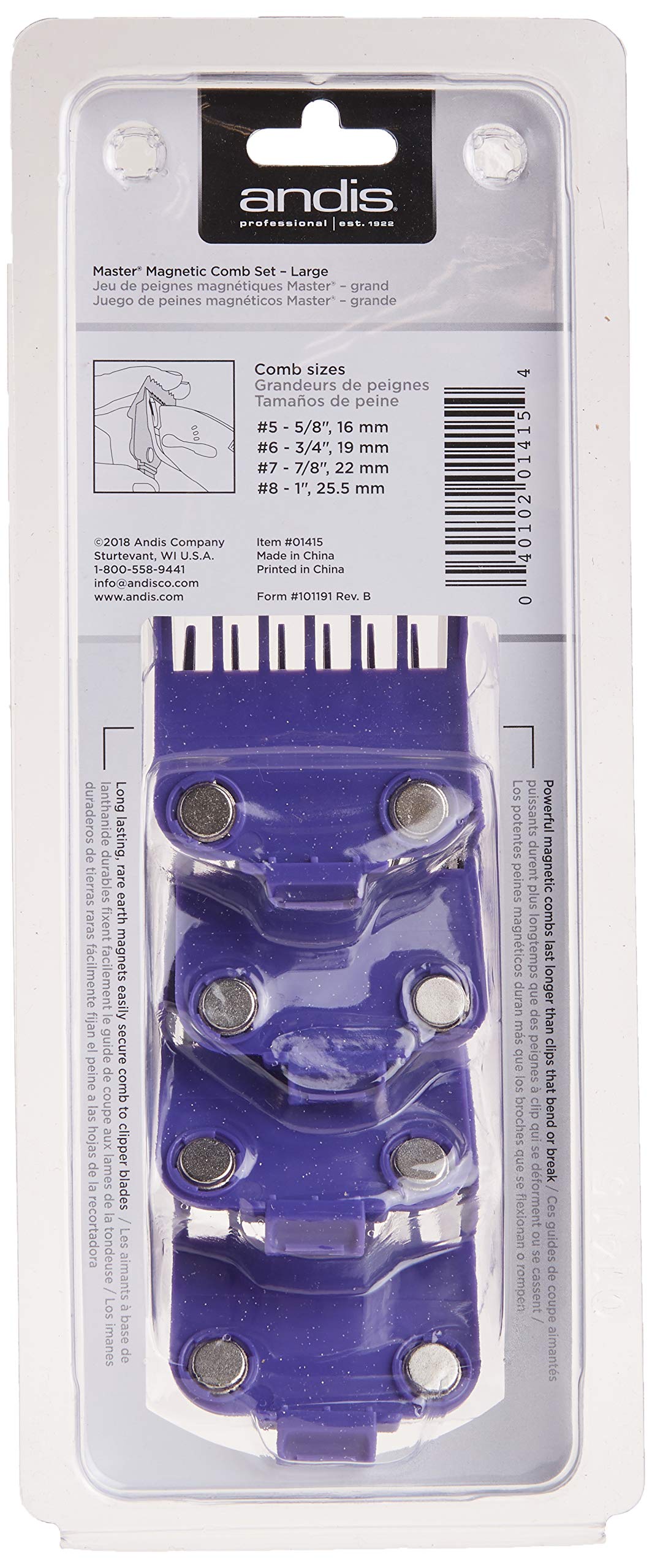 Lavender Andis 01415 Master Dual Magnet Large Comb Set - Crafted with High-Grade Metal, Contains 4 Different Size Combs - Providing a Comfortable & Snag-Free Experience - Purple