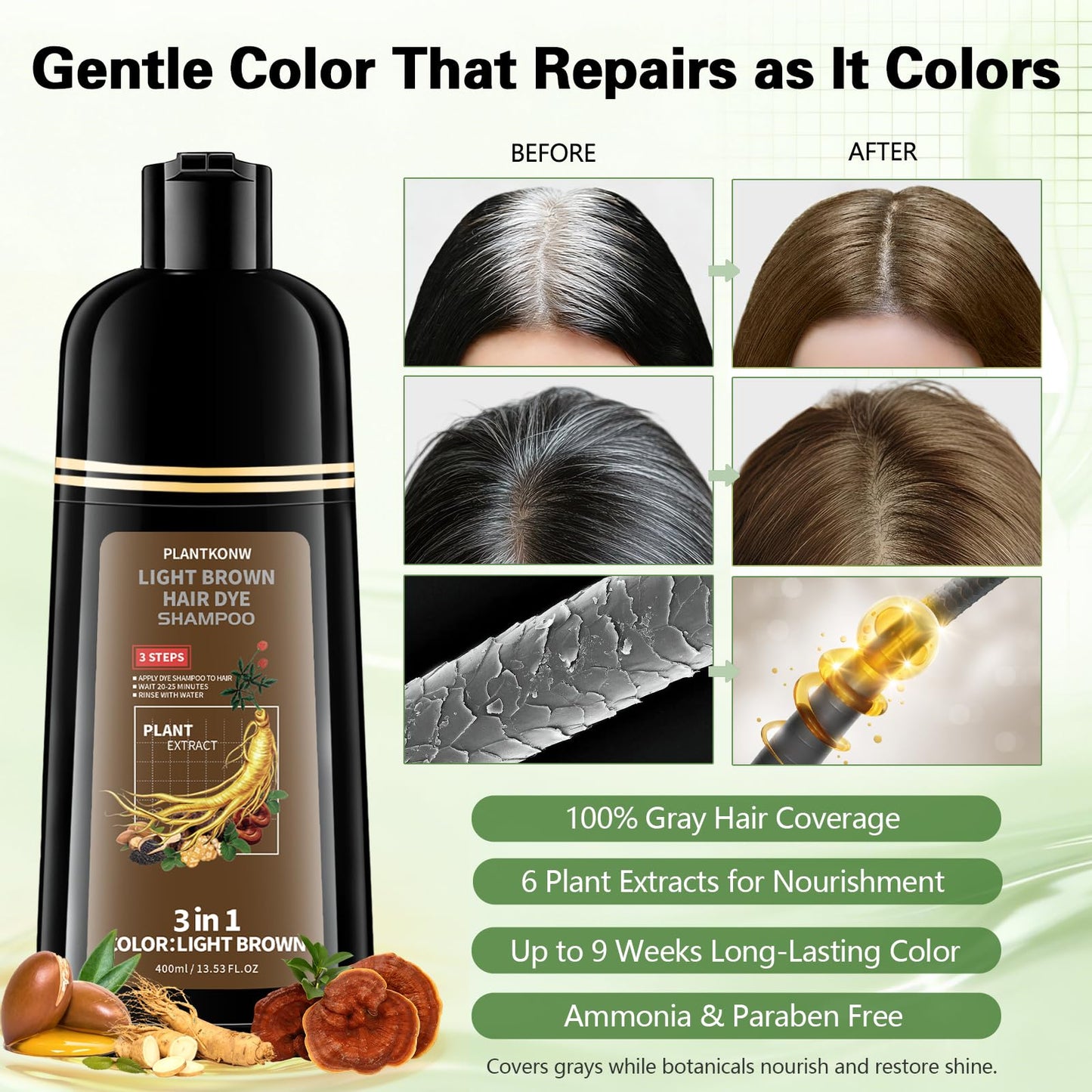 White Smoke Plantkonw Light Brown Hair Dye Shampoo, 3 In 1 Semi Permanent Hair Color Shampoo for Gray Coverage, Natural Hair Dye for Women & Men, Ammonia & Paraben Free