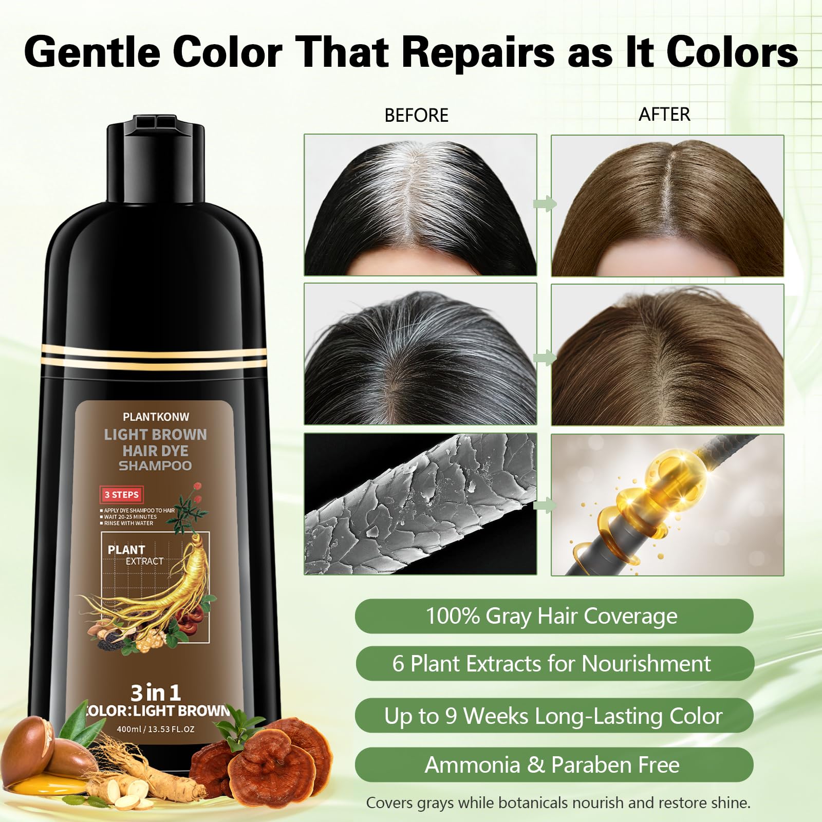White Smoke Plantkonw Light Brown Hair Dye Shampoo, 3 In 1 Semi Permanent Hair Color Shampoo for Gray Coverage, Natural Hair Dye for Women & Men, Ammonia & Paraben Free