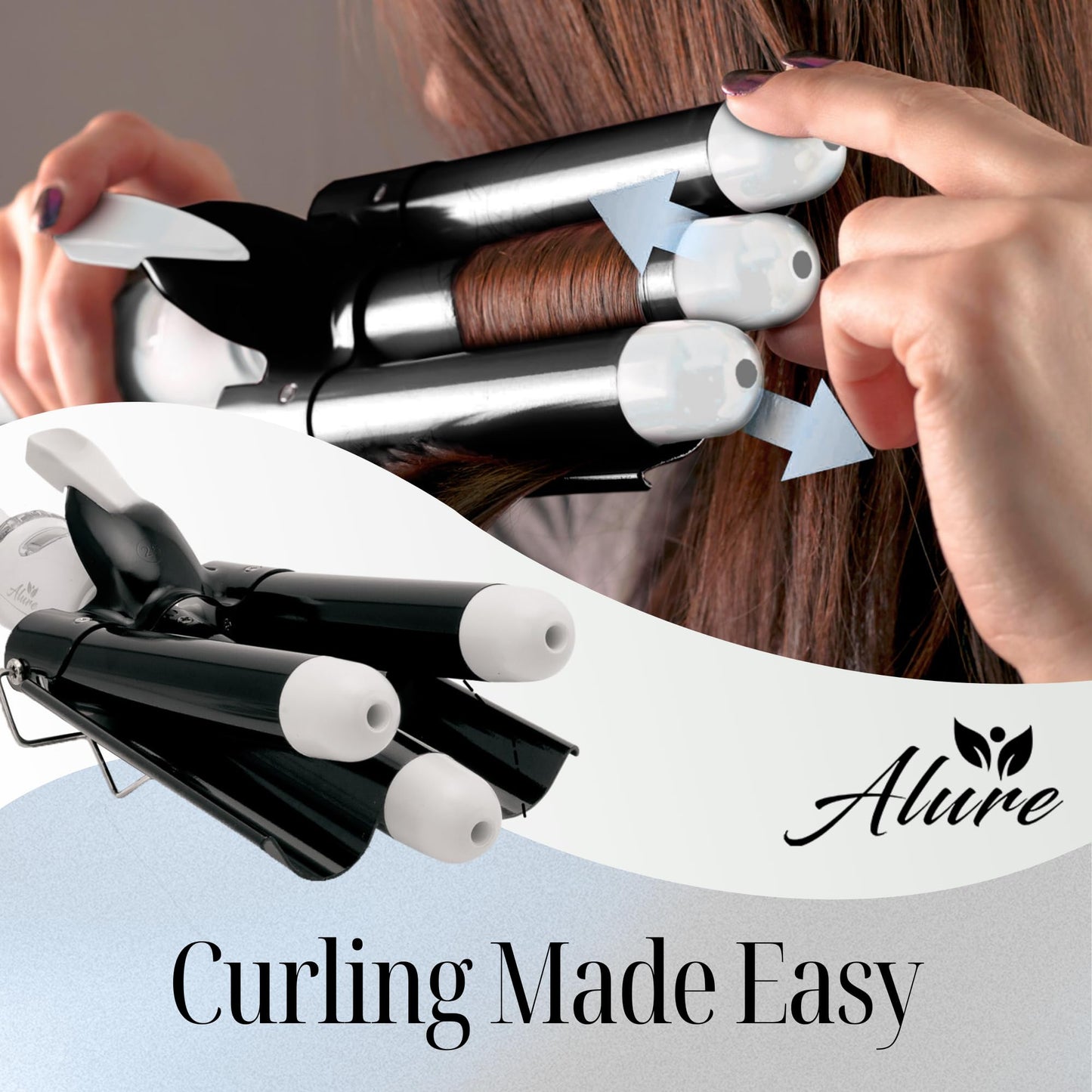 Gray Alure Three Barrel Curling Iron Wand Hair Waver with LCD Temperature Display - 1 Inch Ceramic Tourmaline Triple Barrels, Dual Voltage Crimp (Black/White)