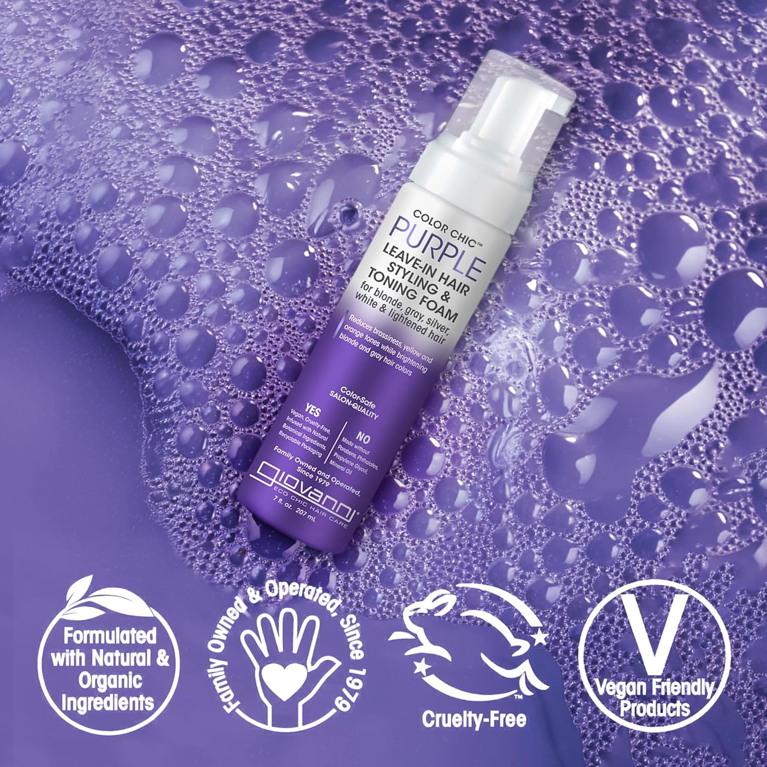 Slate Gray GIOVANNI Color Chic Purple Leave-In Hair Styling & Toning Foam - Purple Foam for Blonde, Gray, Brassy, Fine Hair, Gives Volume & Shine for Women & Men - 7 fl oz (Pack of 1)