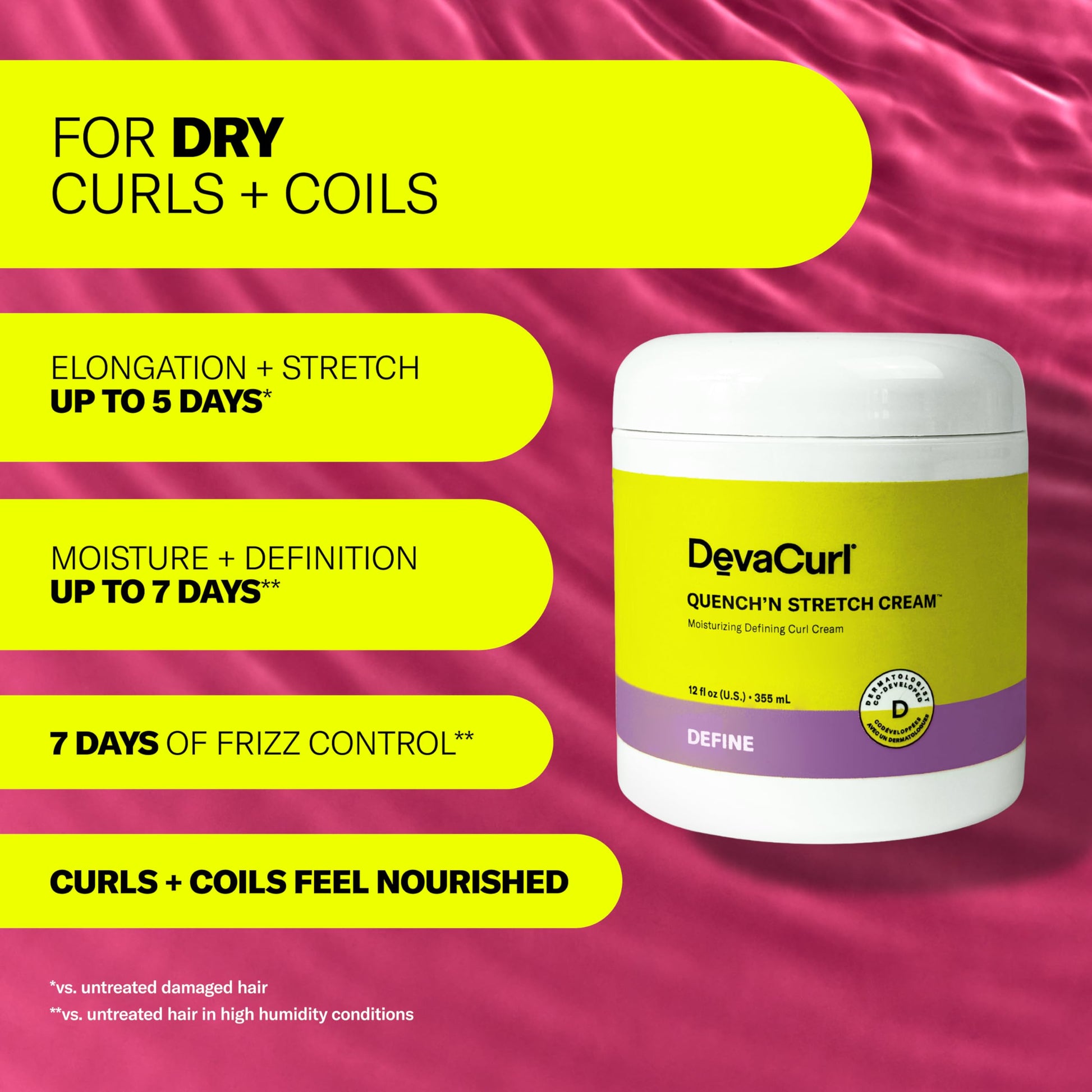 Yellow DevaCurl Quench'n Stretch Cream Mositurizing Defining Curl Cream, 12 oz | Improves Curl Definition | Non-Crunchy | Non-Stiff