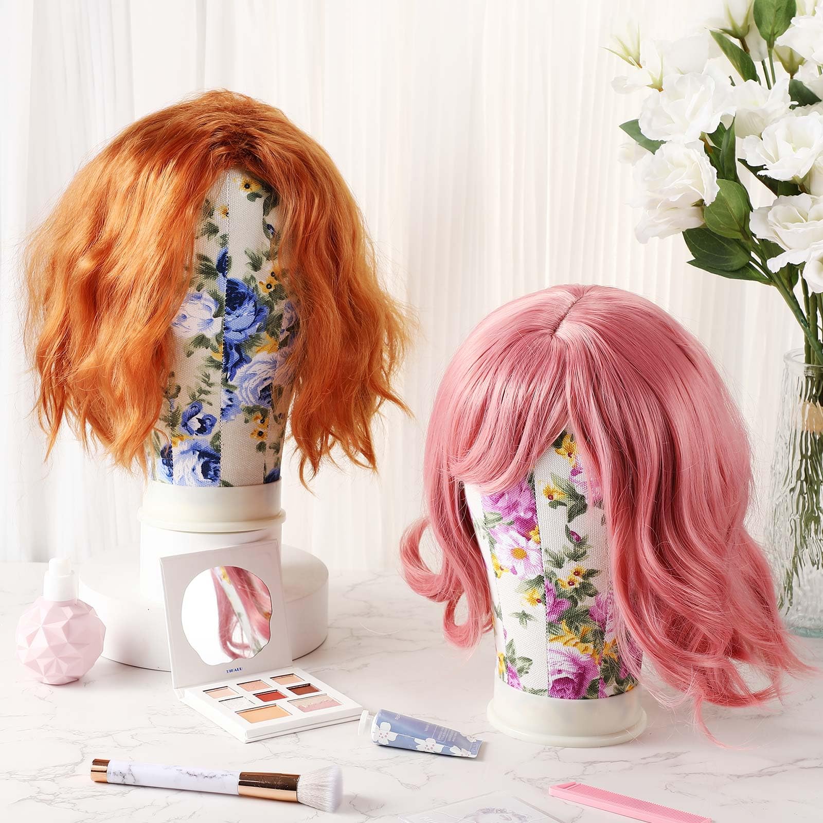 Misty Rose DoubleFill 2-Piece Mannequin Heads for Wigs - 22 Inch Canvas Wig Heads with Mount Hole Pins & 2 C Clamp Stand Holder for Lace Wig Making & Display (Floral)