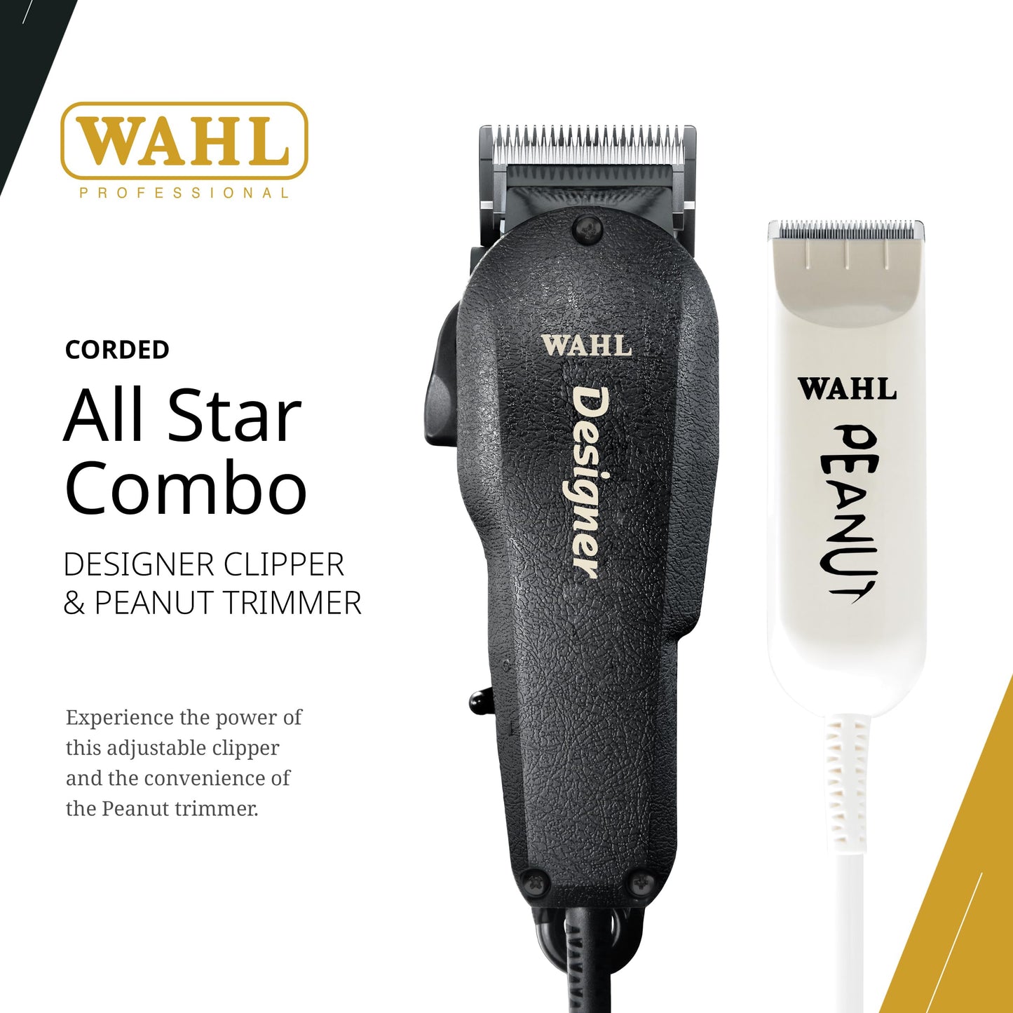 White Smoke Wahl Professional All Star Combo, Corded Designer Clipper & Peanut Trimmer Set, Adjustable Taper Lever, Complete Kit