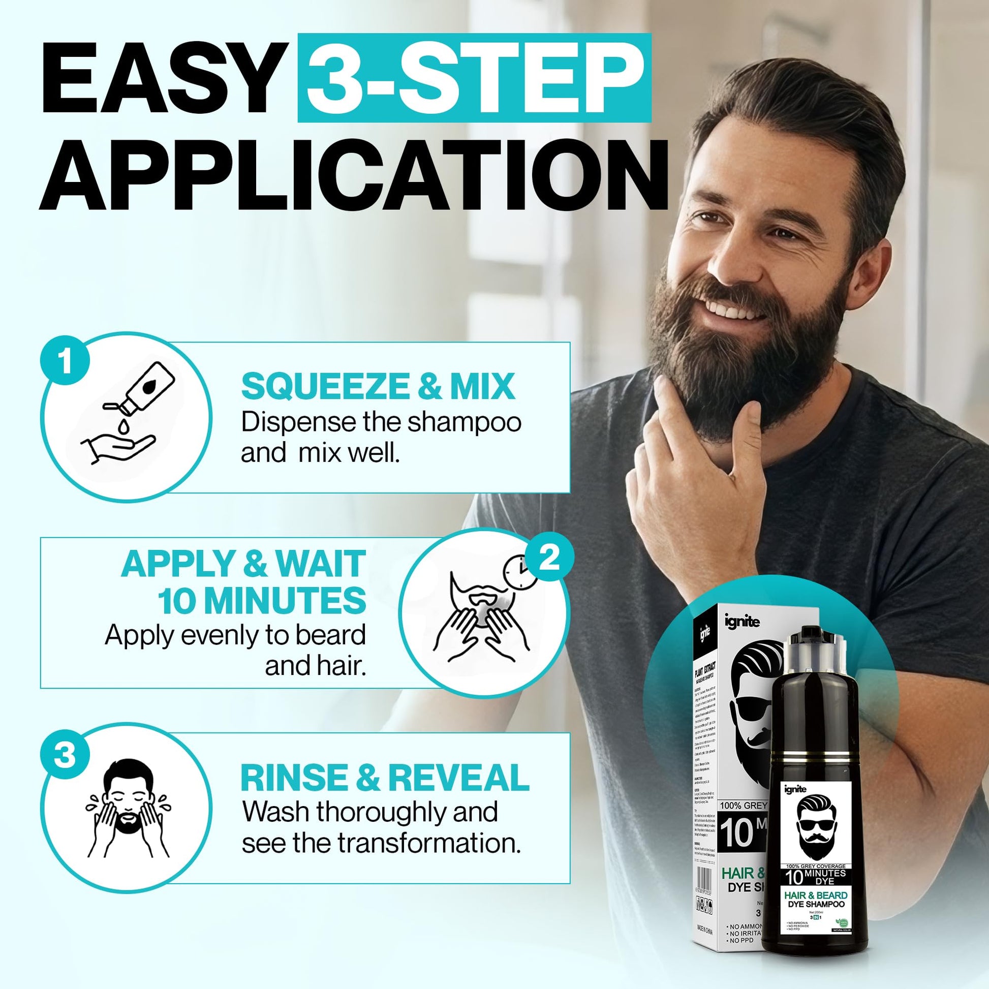 Alice Blue Men’s Hair & Beard Dye color Shampoo –100% Grey Hair Coverage – Black Color Dye - Natural Color 3 in 1 Hair Beard mustache Color