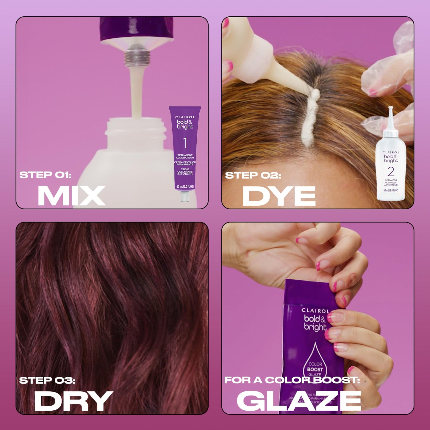 Orchid Clairol Bold & Bright Permanent Hair Dye, 40 Cafecito Hair Color | Intense Vibrancy + Moisturizing Shine | Includes Color Boost Glaze to Amplify Color Anytime | Pack of 1