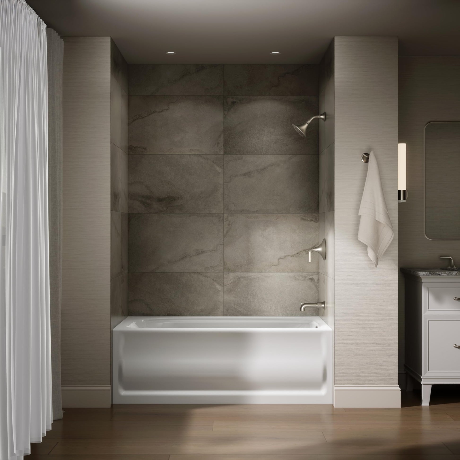 Dark Slate Gray KOHLER 1150-RA-0 Bancroft 60" x 32" Acrylic Alcove Bathtub with Integral Flange and Right Hand Drain, Integral Apron, White