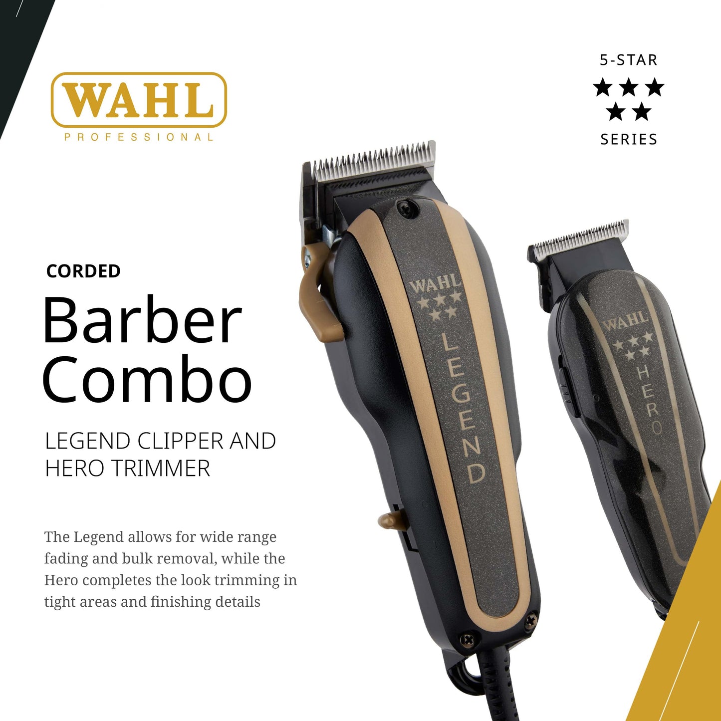 White Smoke Wahl Professional 5-Star Barber Combo, Corded Legend Clipper & Hero T-Blade Trimmer Set, Black/Gold Finish