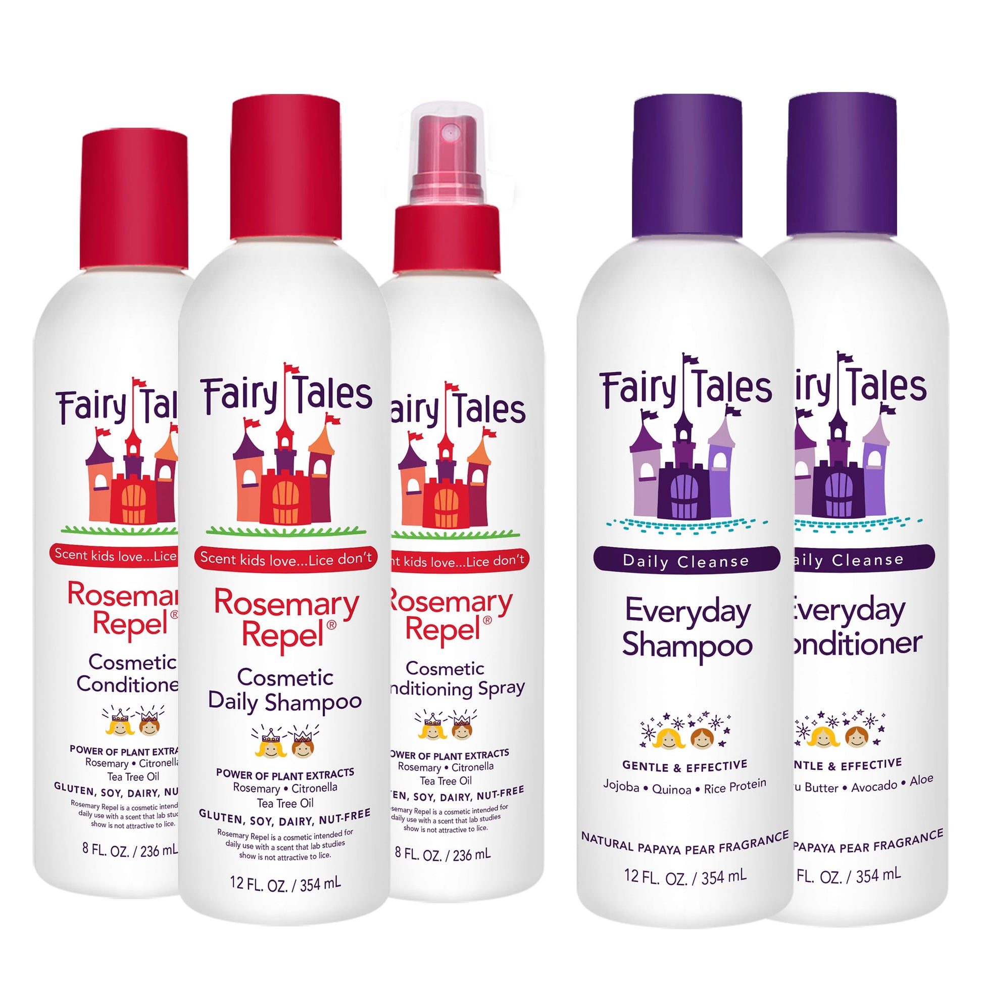 White Smoke Fairy Tales Rosemary Repel Shampoo 12oz, Conditioner 8oz, Conditioning Spray 8oz, plus Daily Cleanse Shampoo 12oz, and Daily Cleanse Conditioner 12oz | Everyday Kids Shampoo and Conditioner Bundle