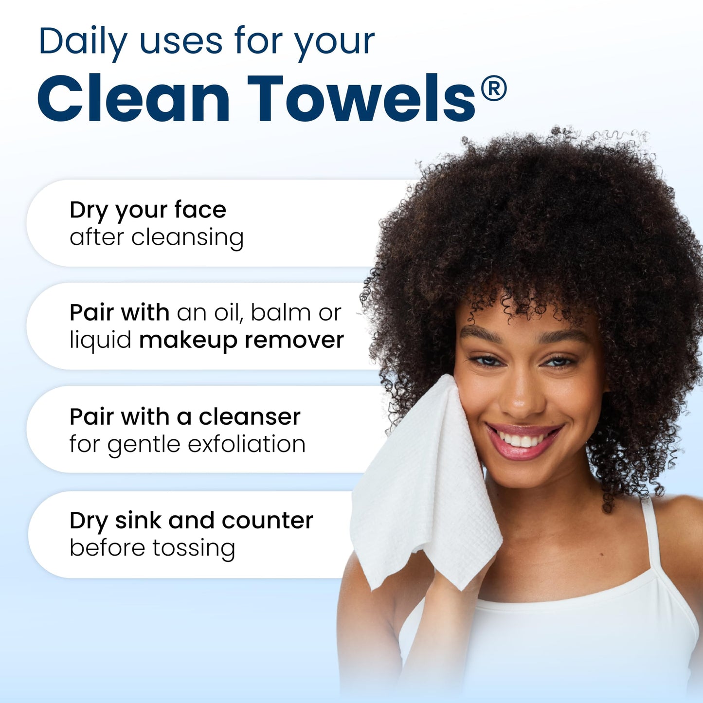 White Smoke Clean Skin Club Clean Towels XL®, 100% USDA Biobased Face Towel, Disposable Face Towelette, Eczema Association Accepted, Makeup Remover Dry Wipes, Ultra Soft, 1 Pack, 50 Ct
