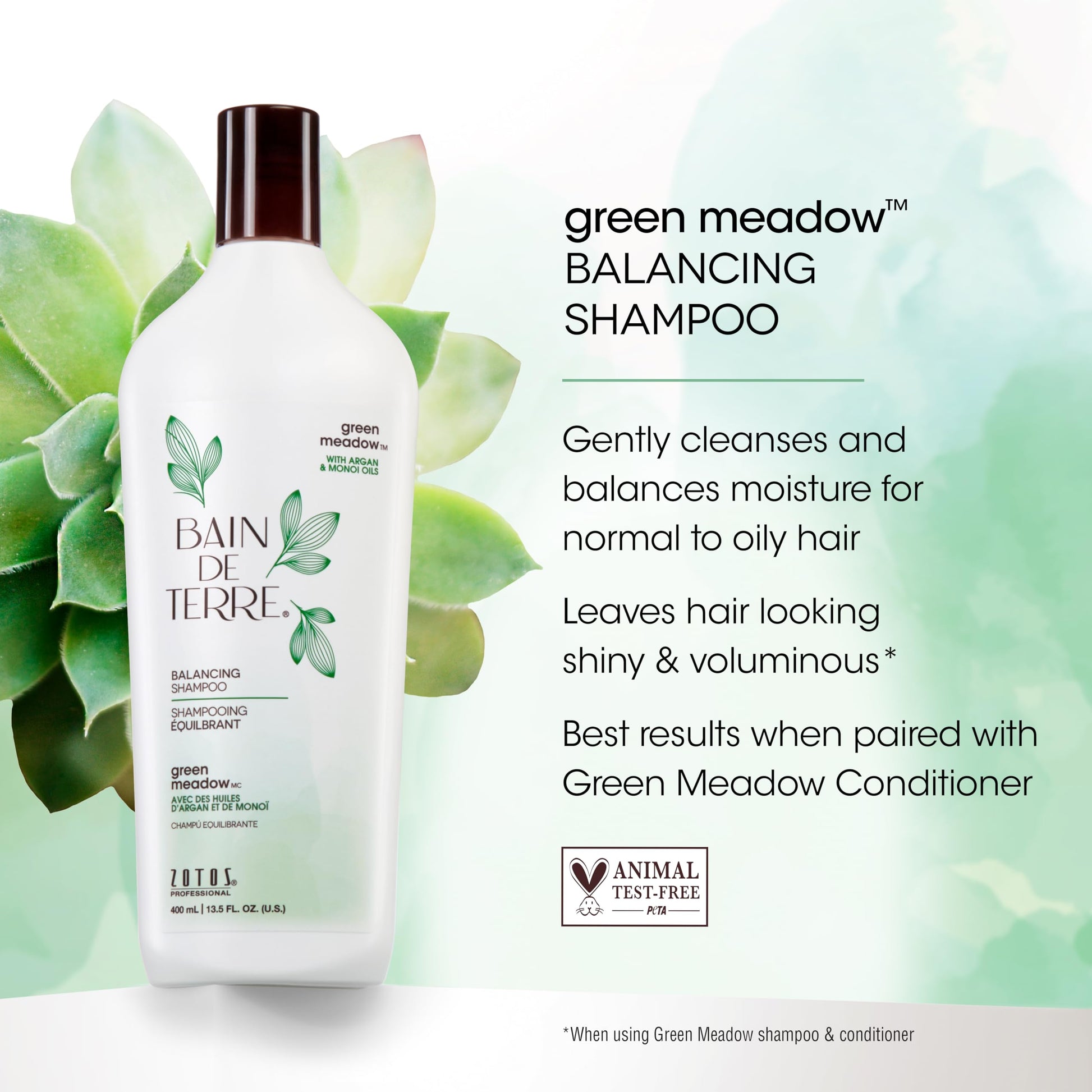 White Smoke Bain de Terre Green Meadow Balancing Shampoo, Gentle Cleansing for Soft, Silky Hair with Argan & Monoi Oils, Paraben-free, Color-Safe, 13.5 Fl Oz