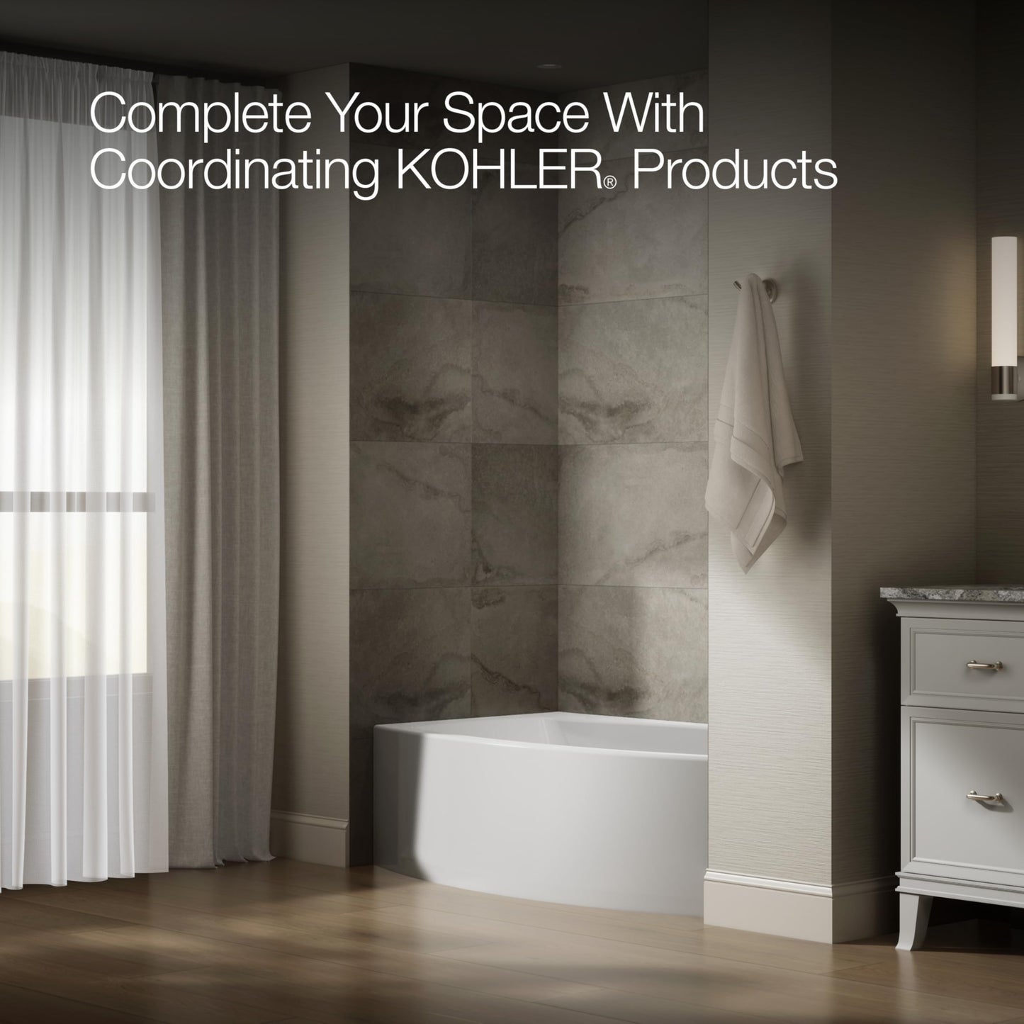 Dark Olive Green KOHLER 1100-RA-0 Expanse 60" x 32" Acrylic Alcove Bathtub with Right-Hand Drain, Compact Design Soaking Tub, White