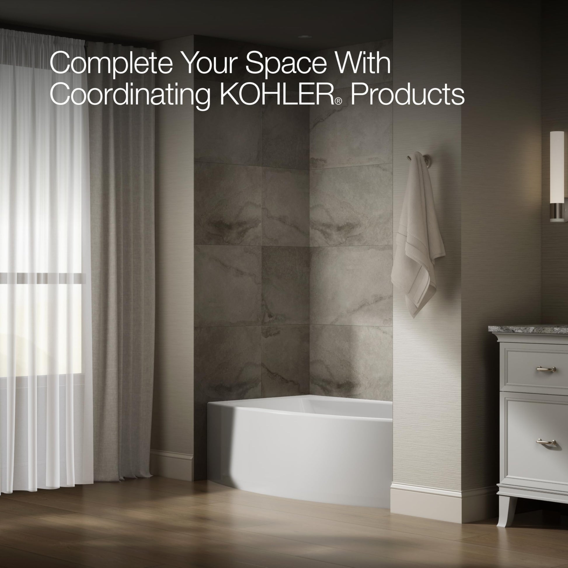 Dark Olive Green KOHLER 1100-RA-0 Expanse 60" x 32" Acrylic Alcove Bathtub with Right-Hand Drain, Compact Design Soaking Tub, White
