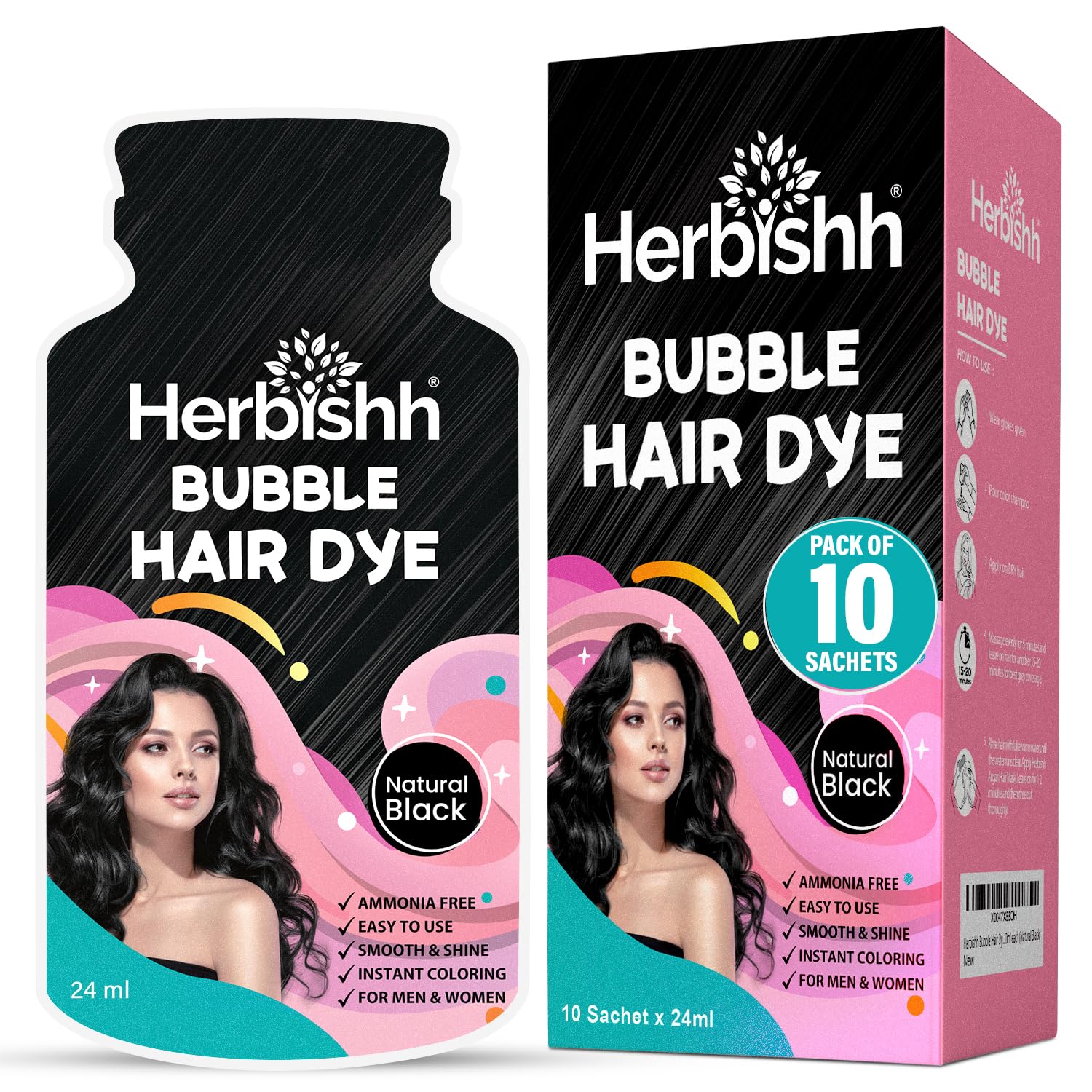Black Herbishh Bubble Foam Hair Dye Shampoo, 3 in 1 Dye for 100% Grey Coverage, Permanent & Instant Hair Coloring for Men & Women, Long-lasting & Travel-friendly, Ammonia-free, 10 Sachet x 24 ml (Black)