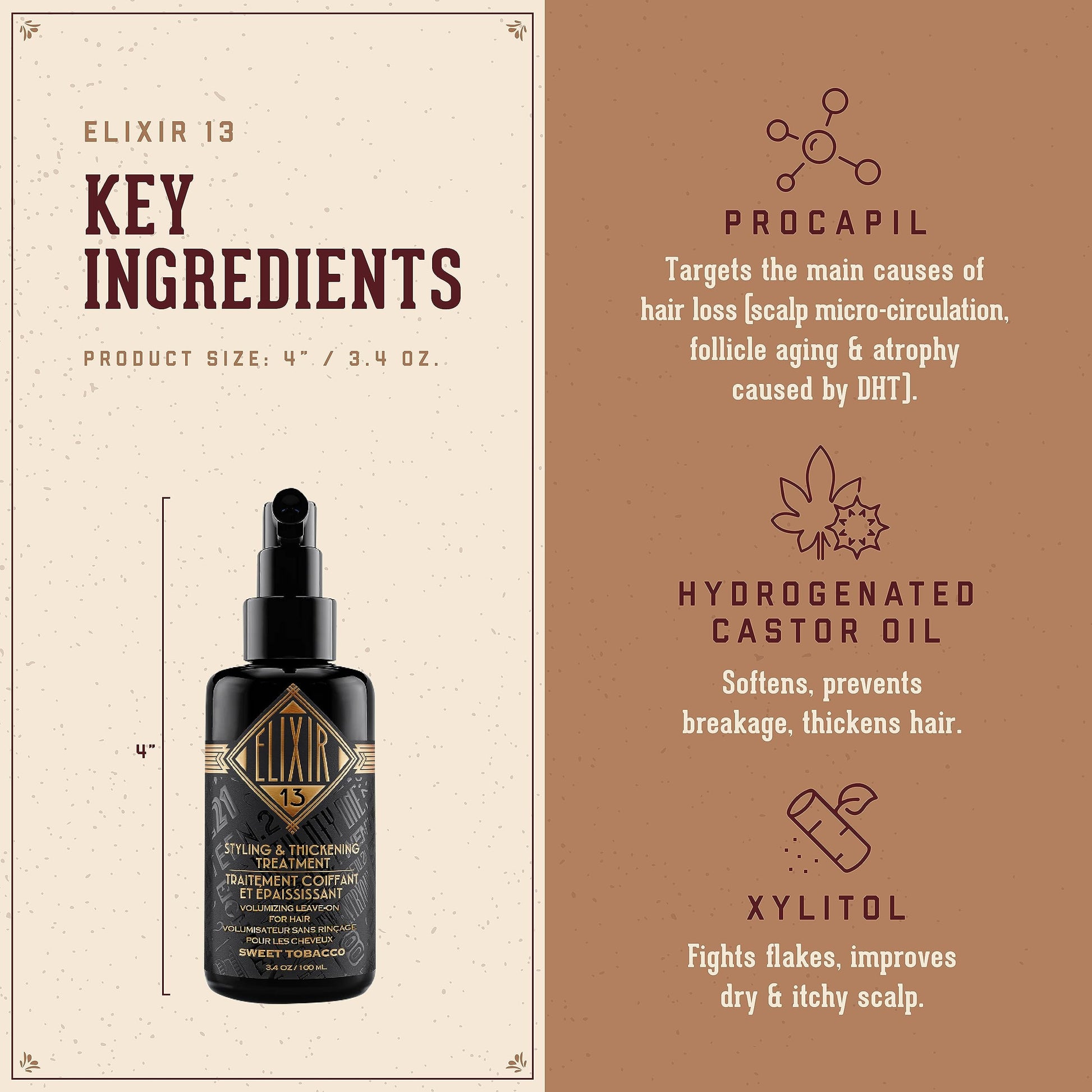 Antique White 18.21 Man Made Elixir 13 Men's Styling and Thickening Treatment for Hair, Original Sweet Tobacco Volumizing Leave-on, 3.4oz