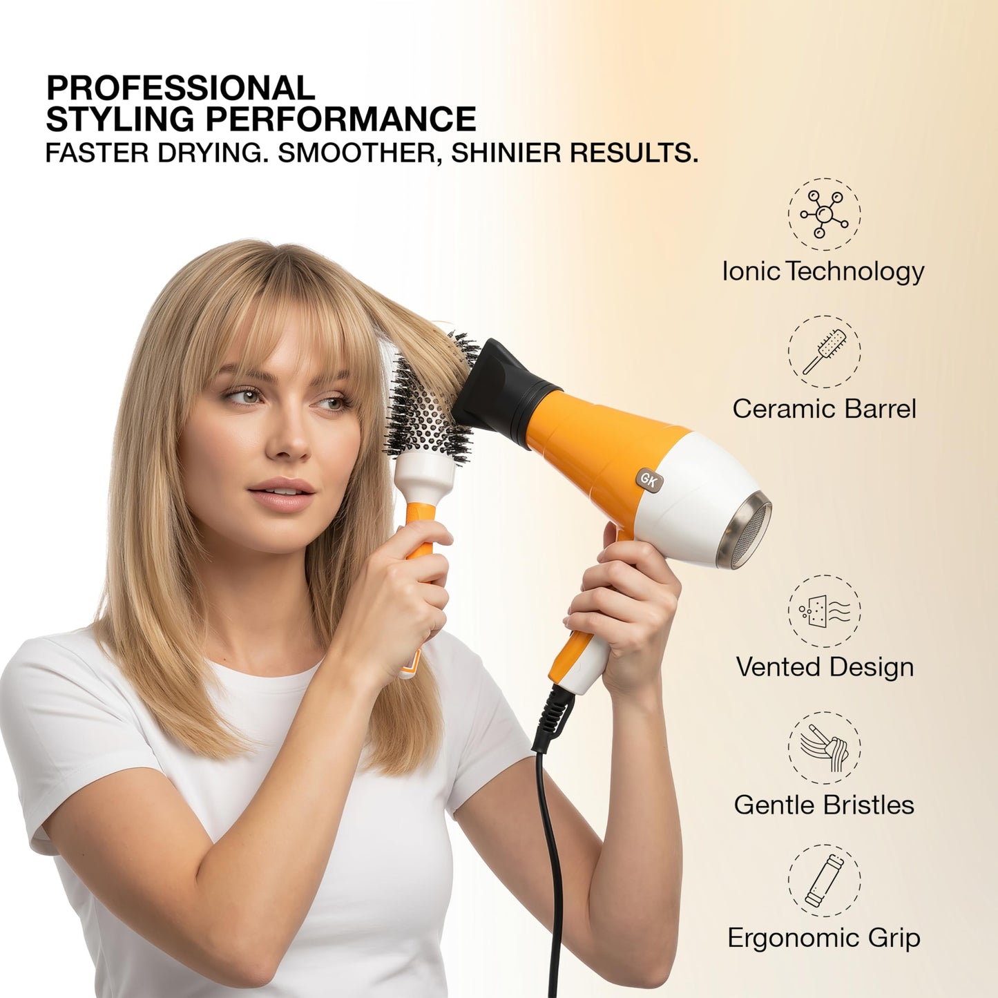 White Smoke GK HAIR Global Keratin Professional Large Thermal Extra Round Brush 43mm Ceramic Coated Barrel Anti Static Frizz Control Blow Drying Styling Detangling for Long Short Curly Tangle Straight Hair Unisex
