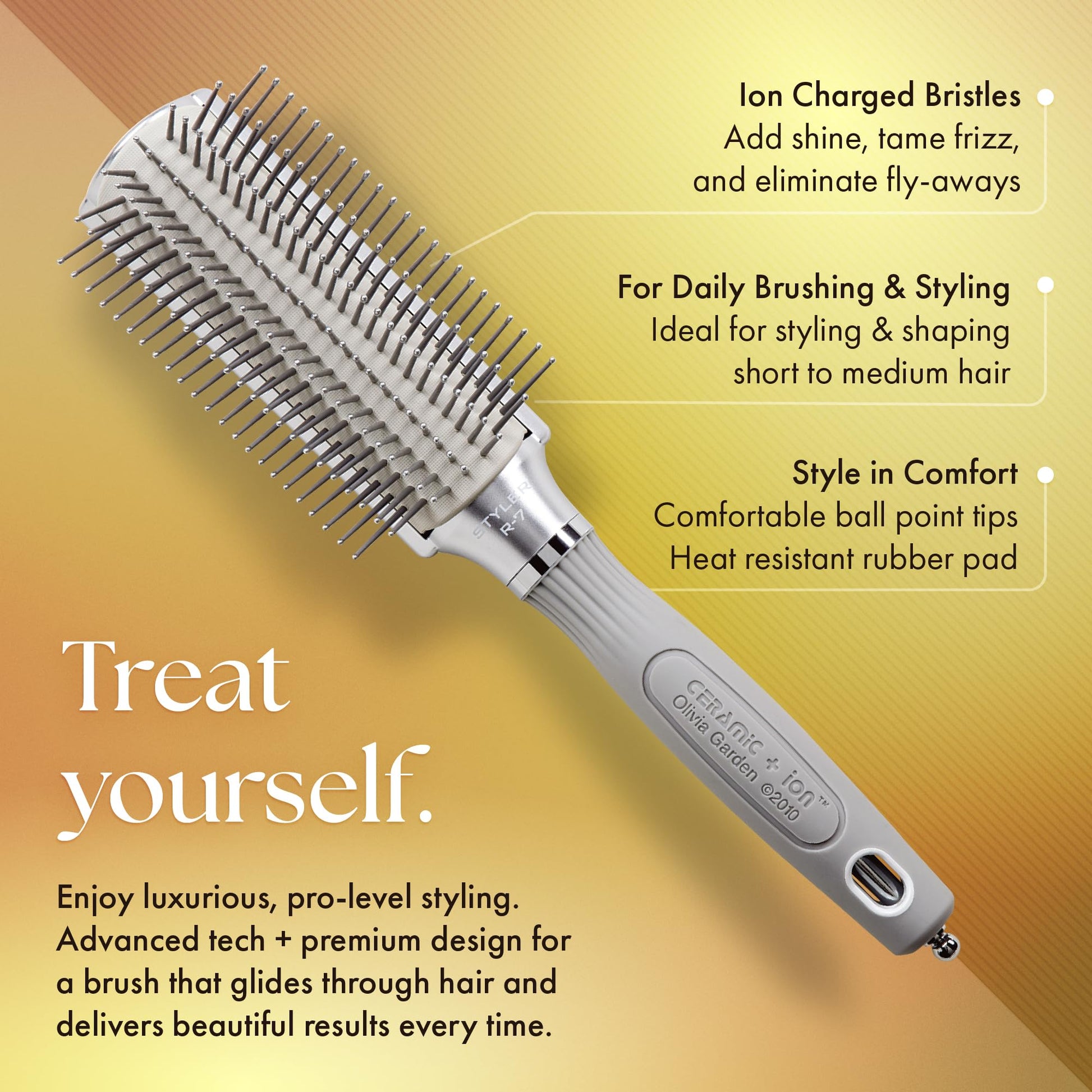 Sandy Brown Olivia Garden Ceramic + Ion XL Pro Hair Brush - Paddle Brush for All Hair Types - Smooths and Adds Shine, 7-Row Styler, Silver