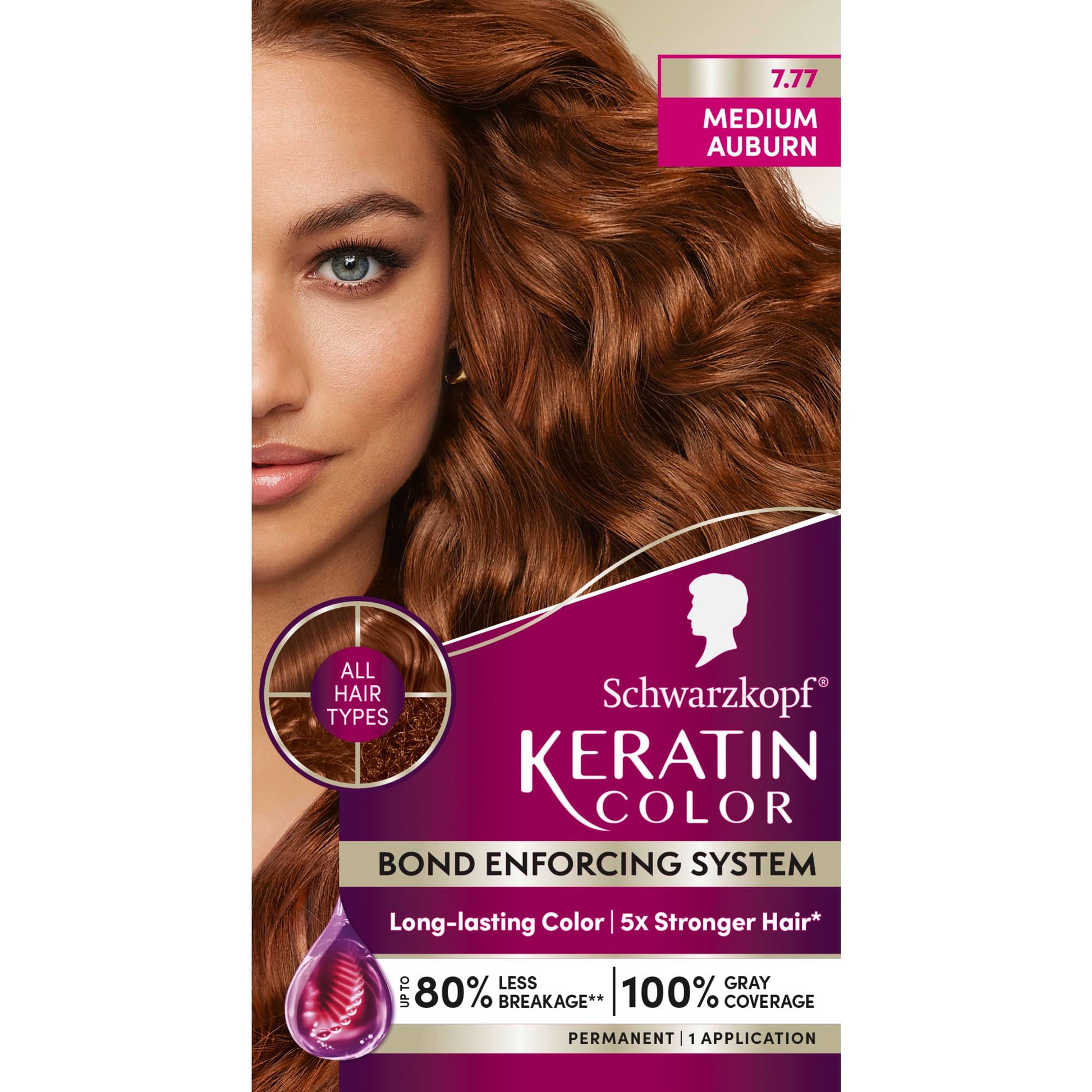 Dark Red Schwarzkopf Keratin Permanent Hair Dye Cream, 7.7 Medium Auburn, Professional Quality Color for Up to 100% Gray Coverage, Bond Enforcing System