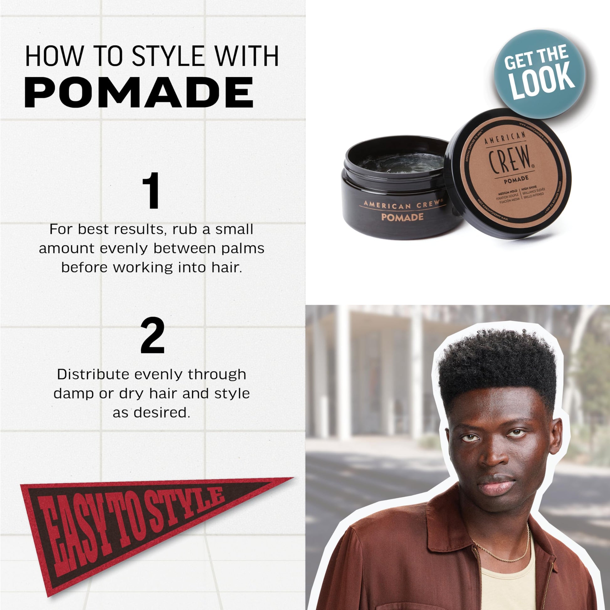 White Smoke American Crew POMADE FOR HOLD AND SHINE 3 OZ for Men