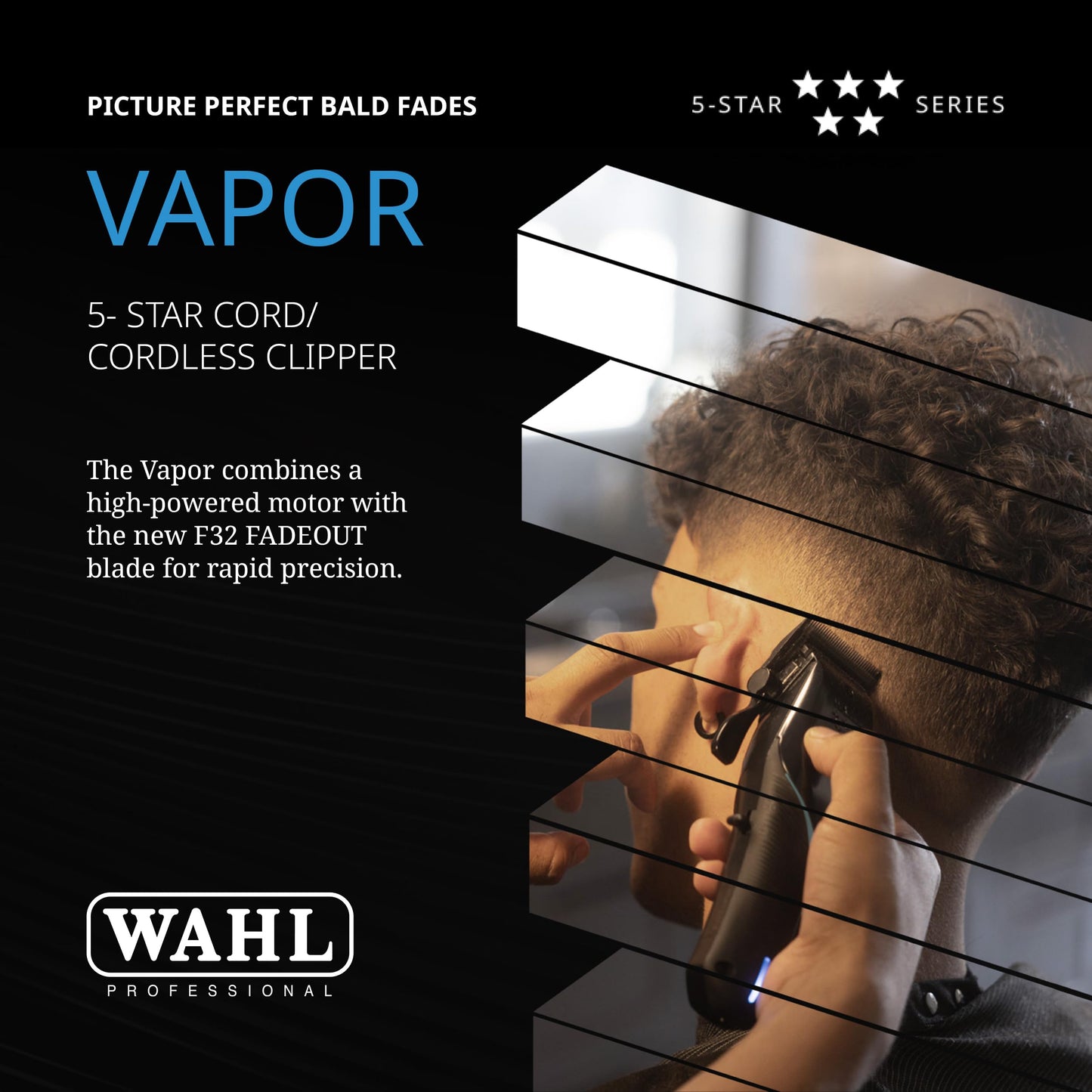 Black Wahl Professional 5-Star Vapor Clipper with F32 Fadeout Adjustable Balding Blade, Adaptable Speed Control, Cord/Cordless