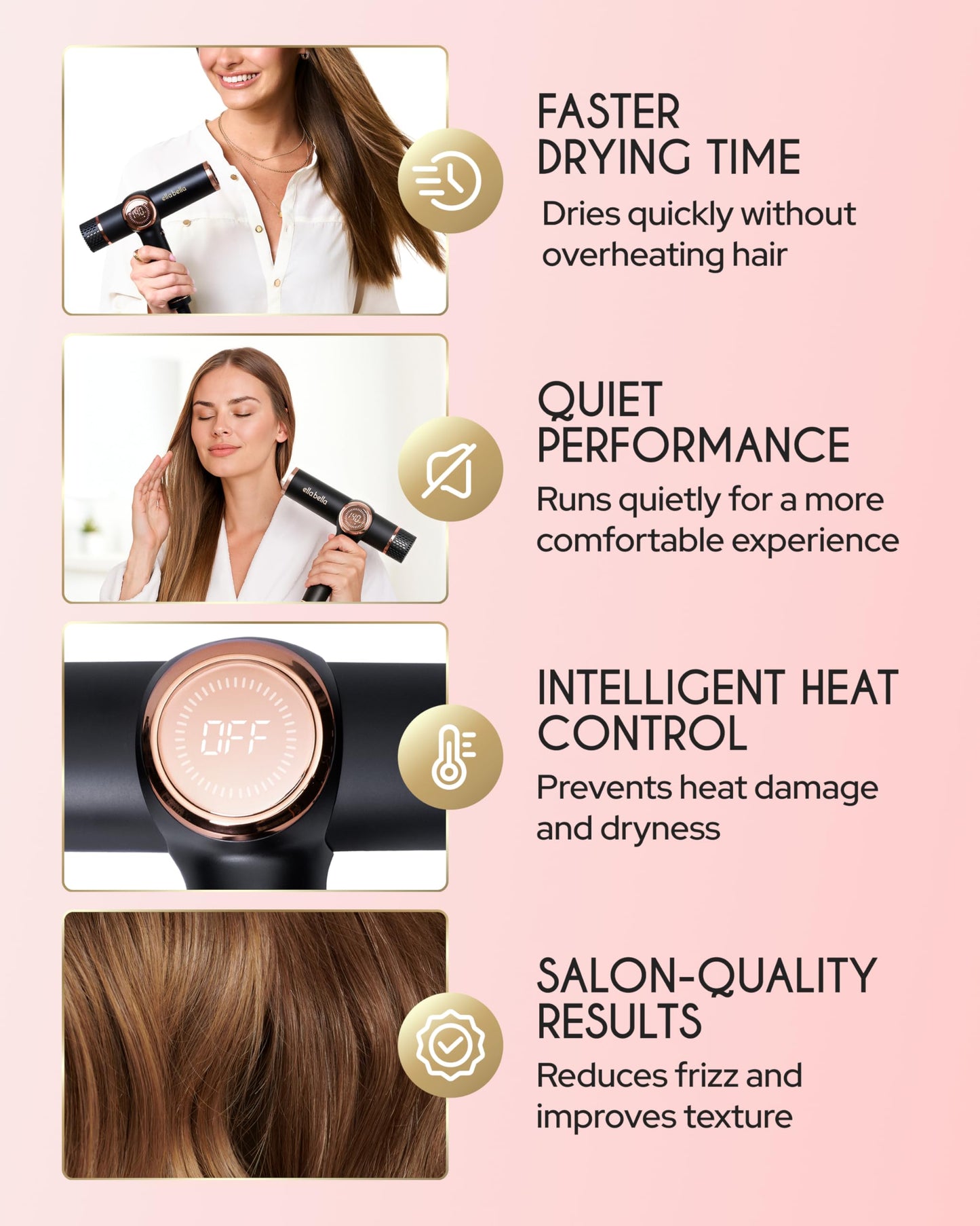 Misty Rose ELLA BELLA® Professional Ionic Hair Dryer with Diffuser • Negative Ion Blow Dryer • Suitable All Hair Types • Intelligent Heat Control & Rapid Drying Speeds • Lightweight Design • Low Noise Technology
