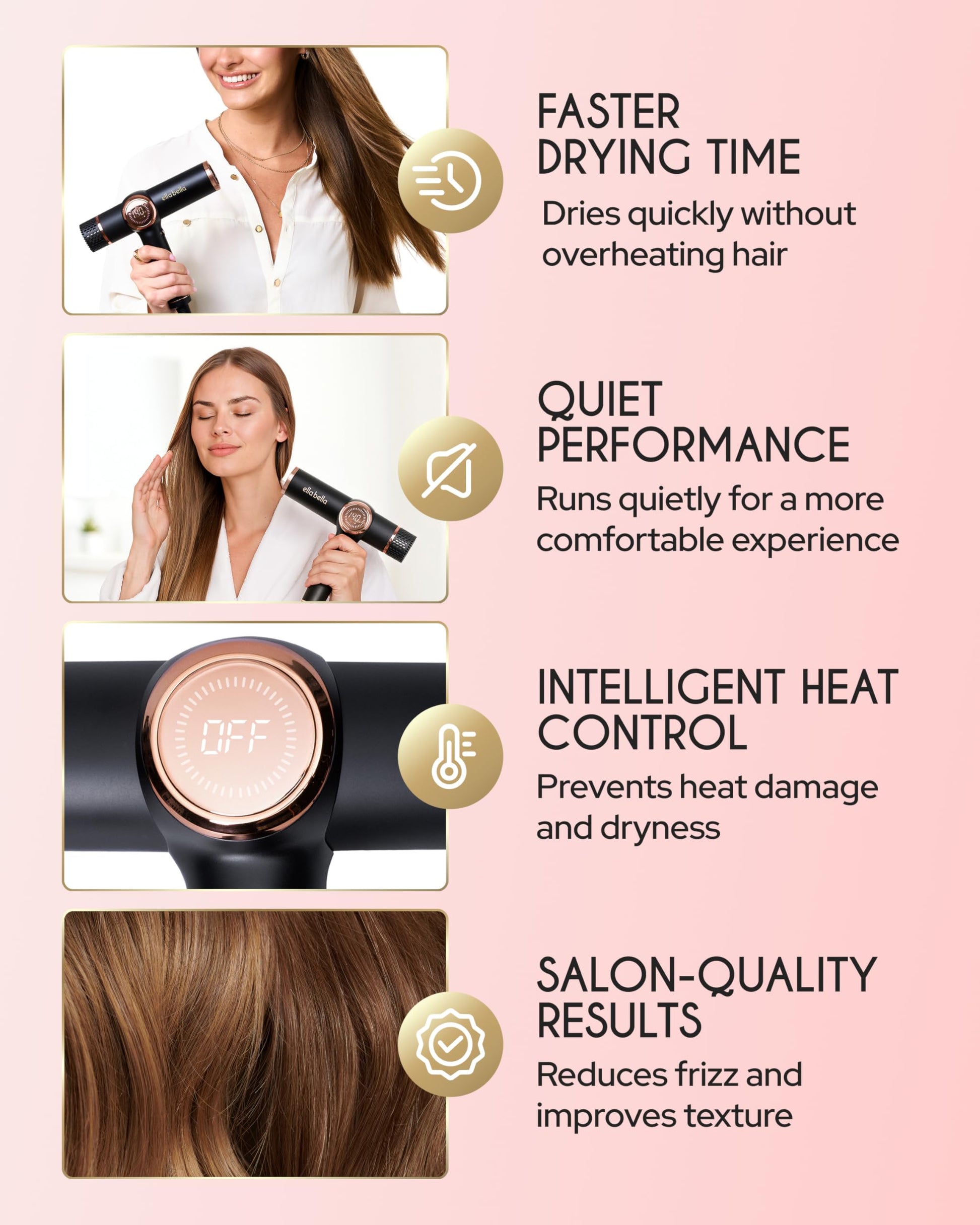 Misty Rose ELLA BELLA® Professional Ionic Hair Dryer with Diffuser • Negative Ion Blow Dryer • Suitable All Hair Types • Intelligent Heat Control & Rapid Drying Speeds • Lightweight Design • Low Noise Technology
