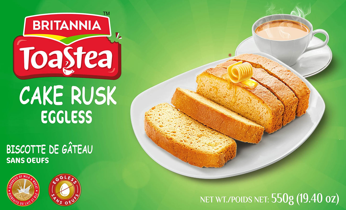 Lime Green Britannia Toastea Eggless Rusk Cake 19.40oz (550g) - Delightfully Smooth, Soft, and Delicious Breakfast & Tea Time Snacks Suitable for Vegetarians (Pack of 2)