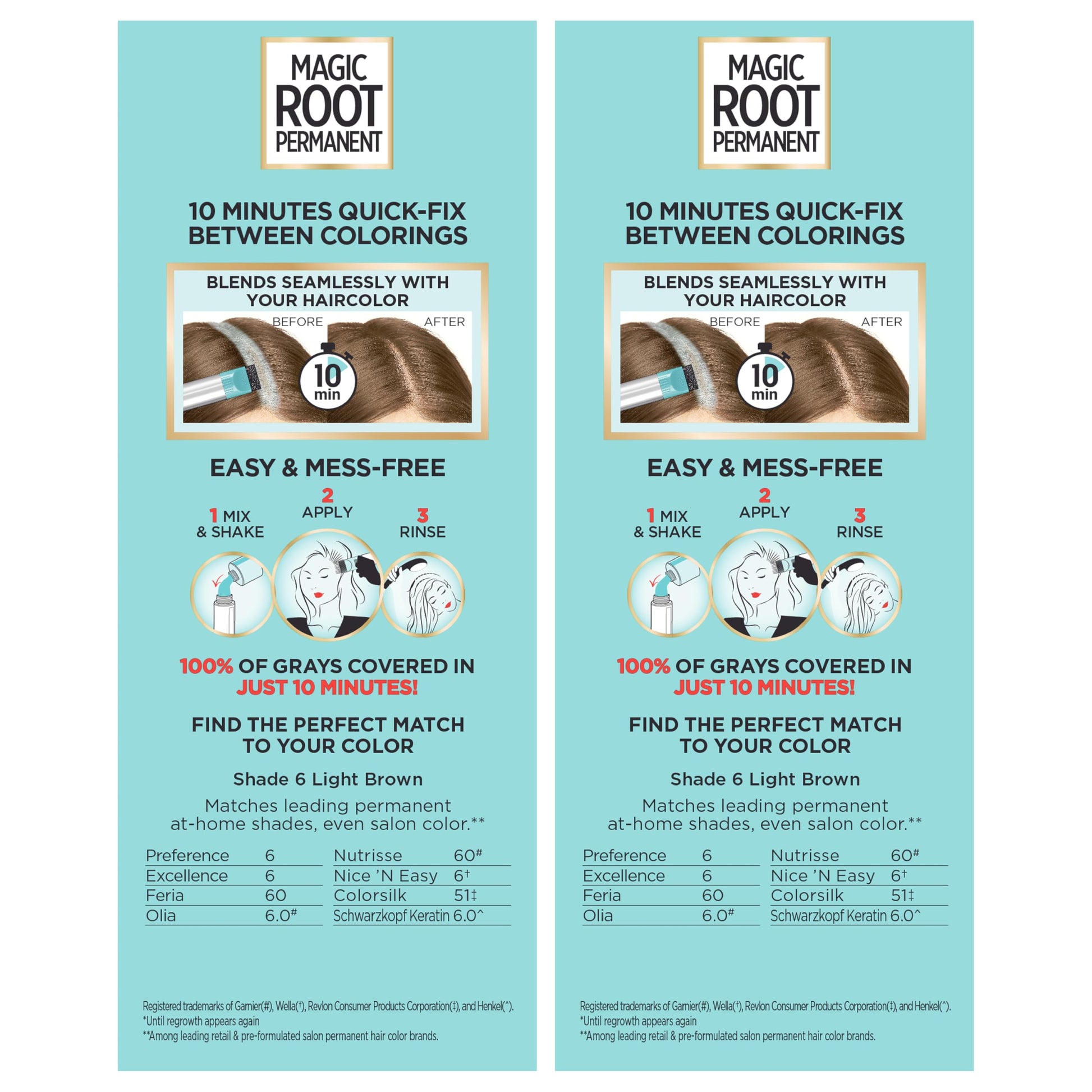Light Blue L’Oréal Paris Magic Root Permanent Hair Color, 10 Minute Root Coloring Kit with 100% Gray Hair Coverage, 6 Light Brown, 2 Count