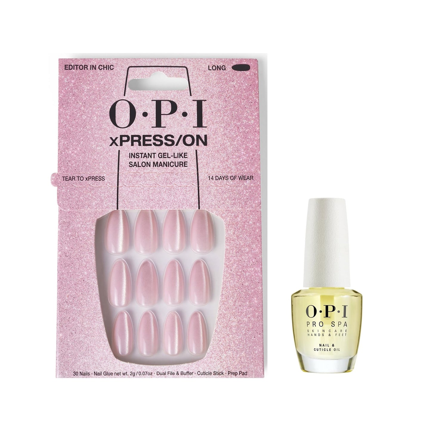 White Smoke Bundle of OPI xPress/ON Press On Nails, With Nail Glue, Long Baby Pink Velvet Almond Shape Nails, Editor in Chic + OPI ProSpa Nail and Cuticle Oil, 0.5 fl oz