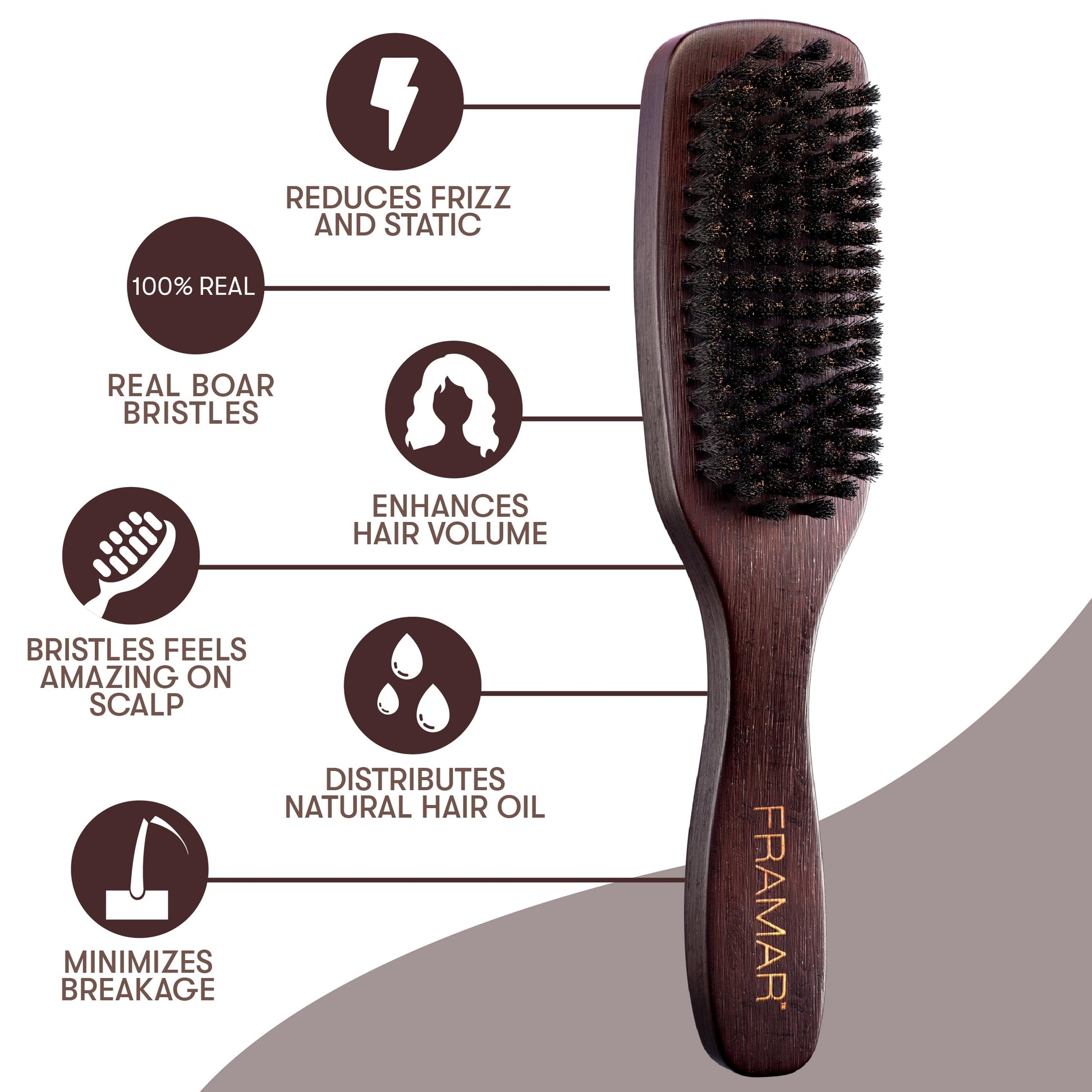 White Smoke FRAMAR Slick Back Hair Brush Boar Bristles – Slick Back Brush, Smoothing Hair Brush For Women, Boar Bristle Hair Brush For Fine Hair, Slickback Brush For Volume and Shine - Brown Velvet