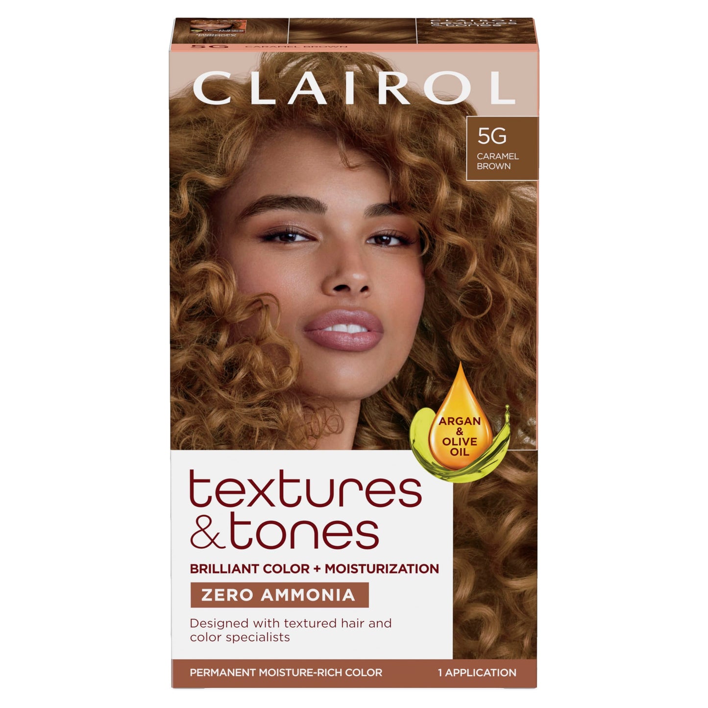 Black Clairol Textures & Tones Permanent Hair Dye, 5G Caramel Brown Hair Color| Ammonia Free | Moisture-Rich Formula with Argan, and Olive Oil for Brilliant Shine | Pack of 1